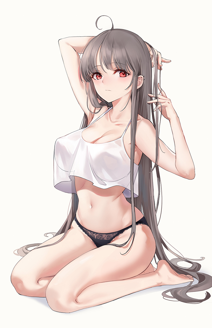 ahoge arm_behind_head armpits bare_arms bare_legs bare_shoulders barefoot black_panties black_underwear breasts camisole clavicle cleavage closed_mouth crop_top crop_top_overhang ear_piercing expressionless feet female female grey_hair groin hand_up large_breasts legs lingerie long_hair looking_at_viewer navel no_pants one_arm_up original pantsu piercing red_eyes seiza shirt sidelocks simple_background sitting sleeveless sleeveless_shirt solo spaghetti_strap stomach tagme thighs underwear very_long_hair white_background white_shirt yumaomi