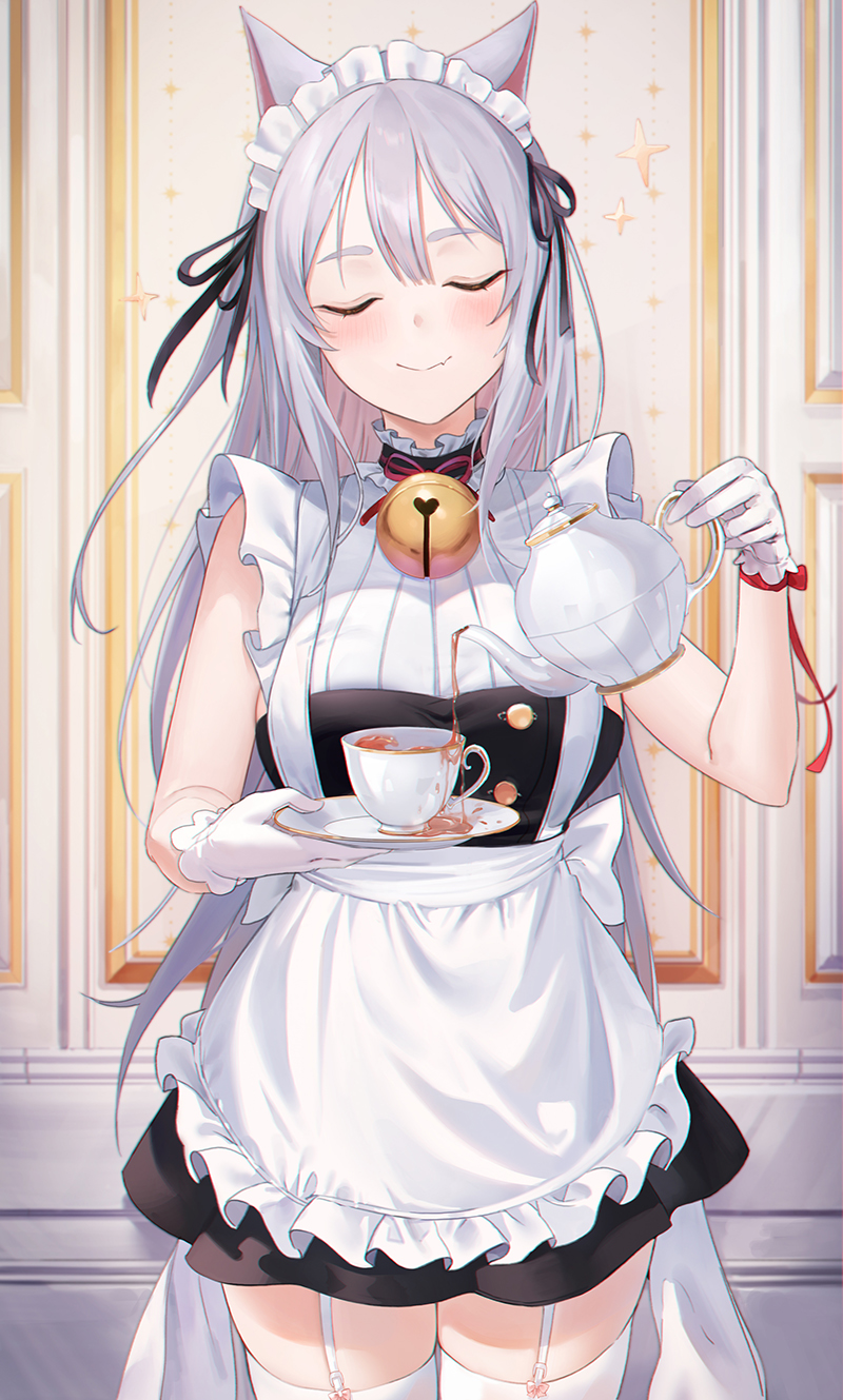 animal_ears apron bare_shoulders barefoot black_dress breasts closed_eyes closed_mouth cowboy_shot dress facing_viewer feet female female frilled_apron frills garter_straps high_resolution lingerie maid maid_apron maid_headdress medium_breasts nekomimi original pouring sleeveless sleeveless_dress smile solo standing tagme thighhighs thighs tray white_legwear yumaomi zettai_ryouiki