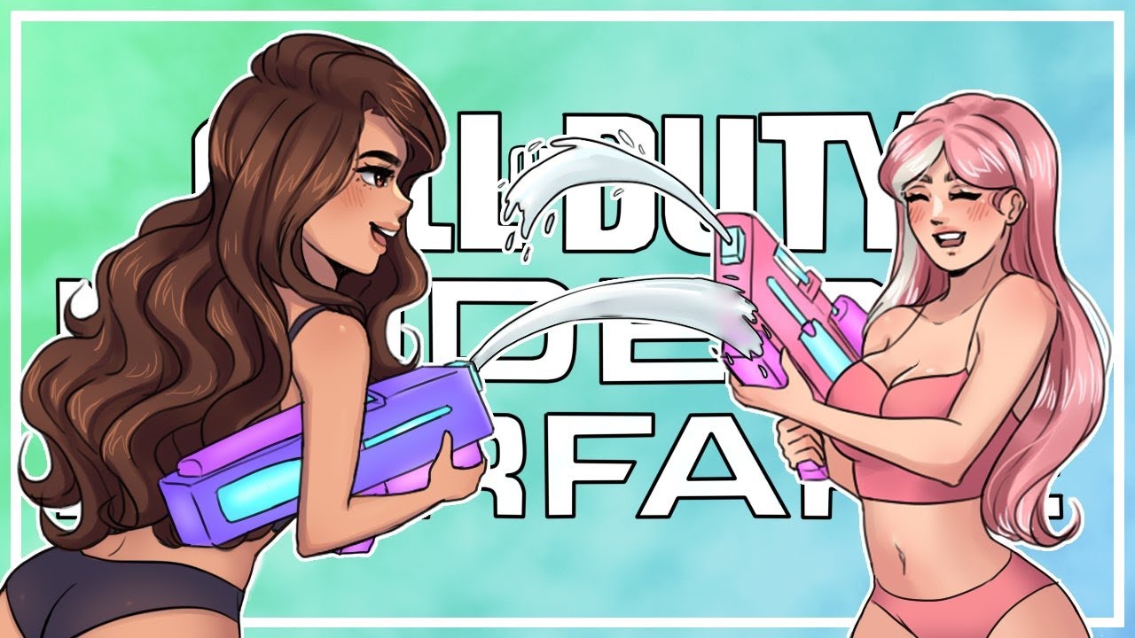 2girls aches bikini bordie female female_focus female_only lumiixq multiple_girls official_art pink_hair simple_background thumbnail water watergun youtube youtuber youtuber_girl