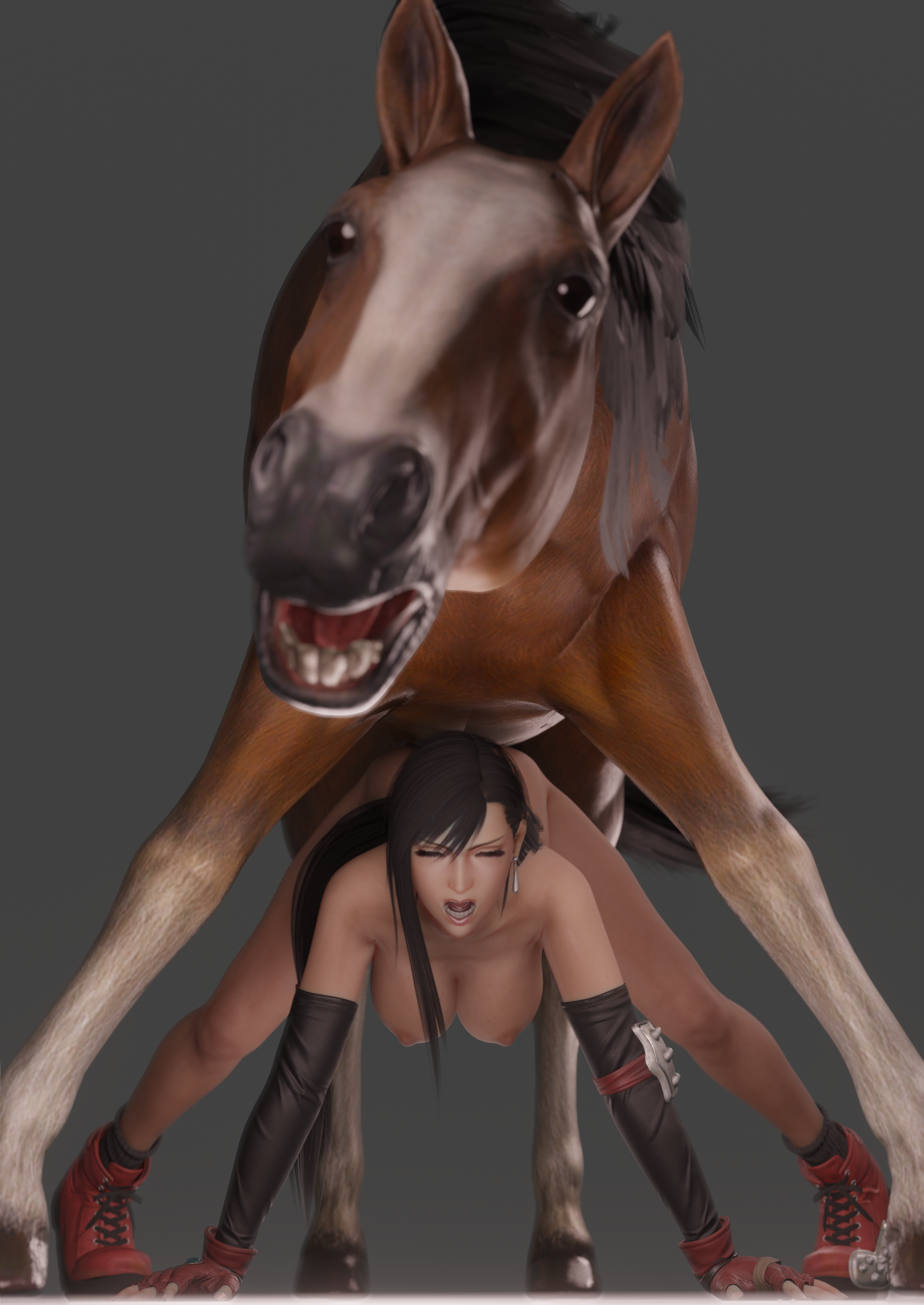 1boy, 1girls, 3d, ass, ass up, black hair, breasts, dissidia, dissidia final fantasy, earrings, erect nipples, erection, female, final fantasy, final fantasy vii, final fantasy vii remake, from behind position, gradient background, horse, horse penis, horsecock, huge breasts, human, interspecies, large breasts, large penis, long hair, male, nipples, nude, penis, plain background, red eyes, sex, simple background, size difference, square enix, straight, tifa lockhart, zoophilia