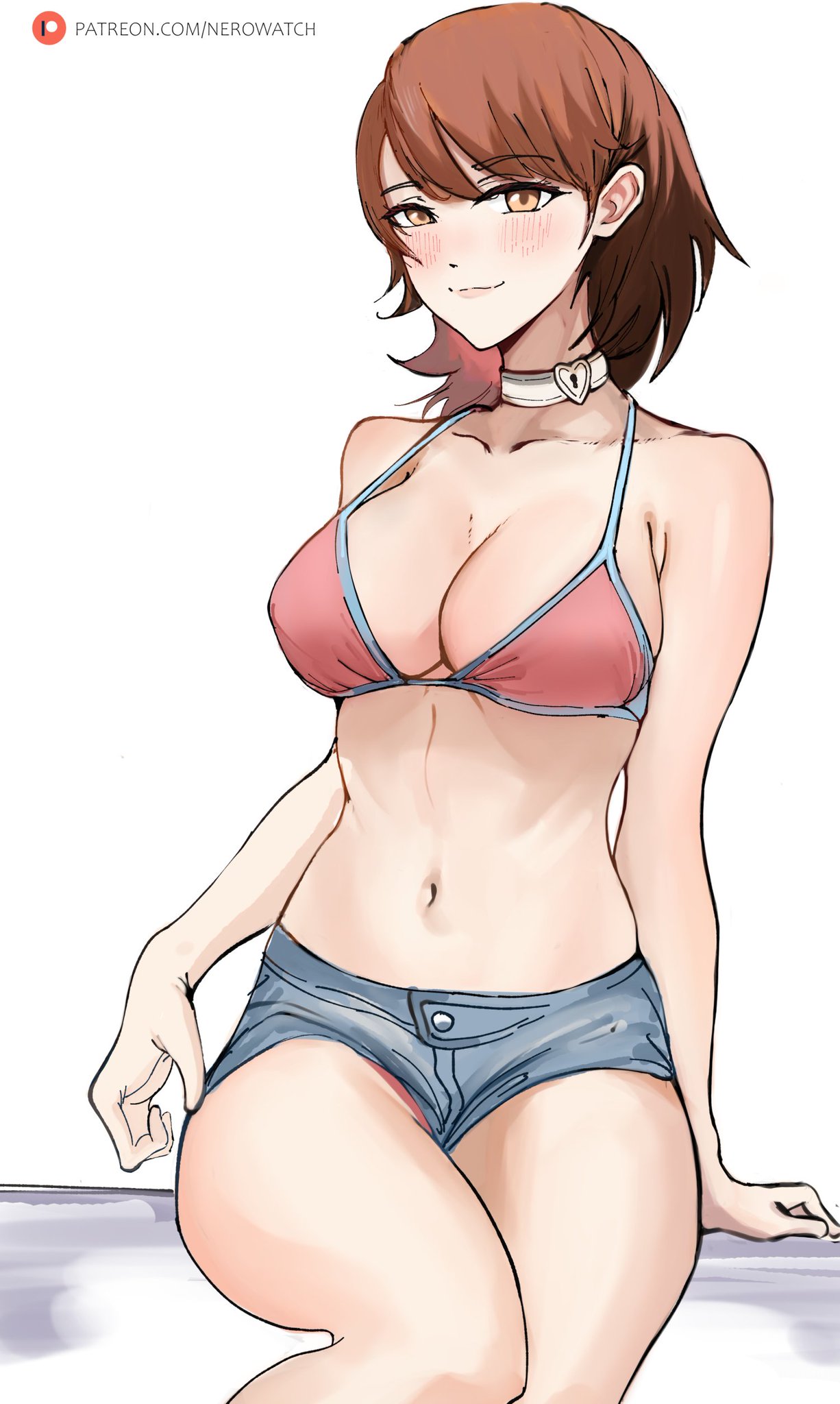 2020s 2021 big_breasts bikini blue_bottomwear blush breasts brown_eyes brown_hair choker denim_shorts ecstasy eyebrows_visible_through_hair female female_focus female_only front_view large_breasts legs_together manga megami_tensei nero_watch persona persona_3 shin_megami_tensei shiny_skin short_hair shorts sitting sitting_on_object smile solo solo_female thighs two_tone_bra yukari_takeba