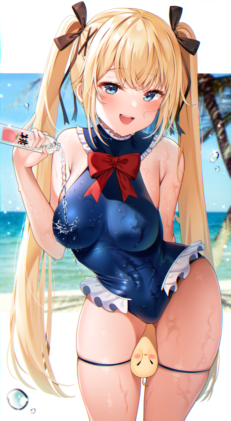 :d azur_lane bangs bare_arms bare_shoulders beach between_legs between_thighs black_ribbon blonde_hair blue_eyes blue_swimsuit blush bottle breasts cowboy_shot day dead_or_alive dead_or_alive_5 eyebrows_visible_through_hair female frilled_swimsuit frills hair_ornament hair_ribbon high_resolution leaning_forward long_hair looking_at_viewer manjuu_(azur_lane) marie_rose marie_rose_(devilish_servant_against_the_splashing_waves) medium_breasts ocean one-piece_swimsuit open-mouth_smile open_mouth outdoors palm_tree pouring pouring_onto_self reel_(riru) ribbon sand sidelocks smile solo standing sunlight swimsuit teeth tied_hair tongue tree twintails very_long_hair water water_bottle water_drop wet wet_clothes wet_swimsuit x_hair_ornament