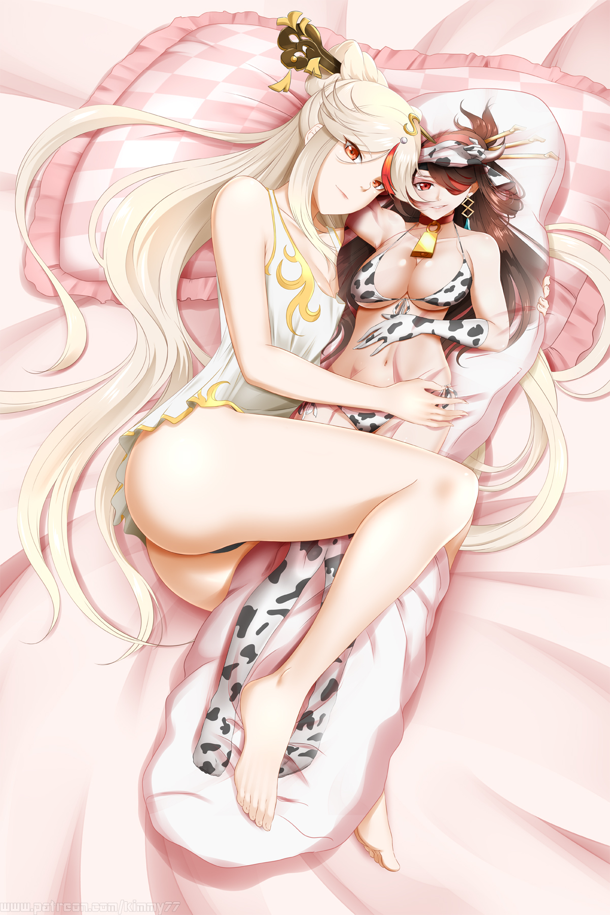 2girls, barefoot, bed, bed sheet, beidou (genshin impact), bikini, body pillow, breasts, busty, cow bikini, cow girl, cow print, cowbell, dakimakura, eyepatch, feet, female, female only, genshin impact, hug, kimmy77, looking at viewer, ningguang (genshin impact), on bed, pillow, smile, yuri