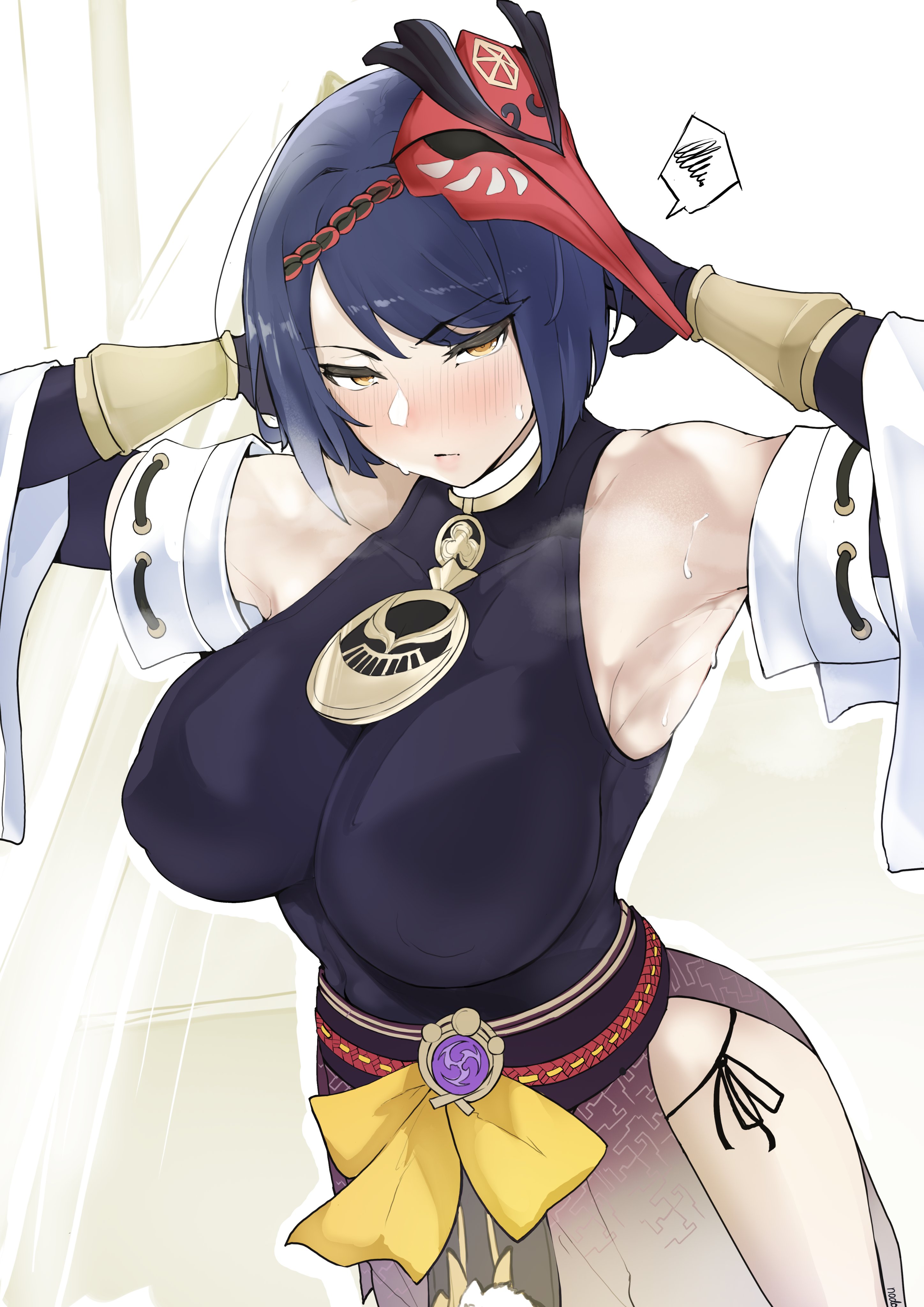 1girls, armpits, arms behind head, arms up, bare shoulders, big breasts, black hair, blush, blushing, blushing at viewer, bodysuit, breasts, busty, curvy, female, female only, genshin impact, hi res, human, kujou sara, looking at viewer, nipple bulge, panties, puzenketsu, short hair, side-tie panties, striped panties, sweat, thighs, underwear, yellow eyes