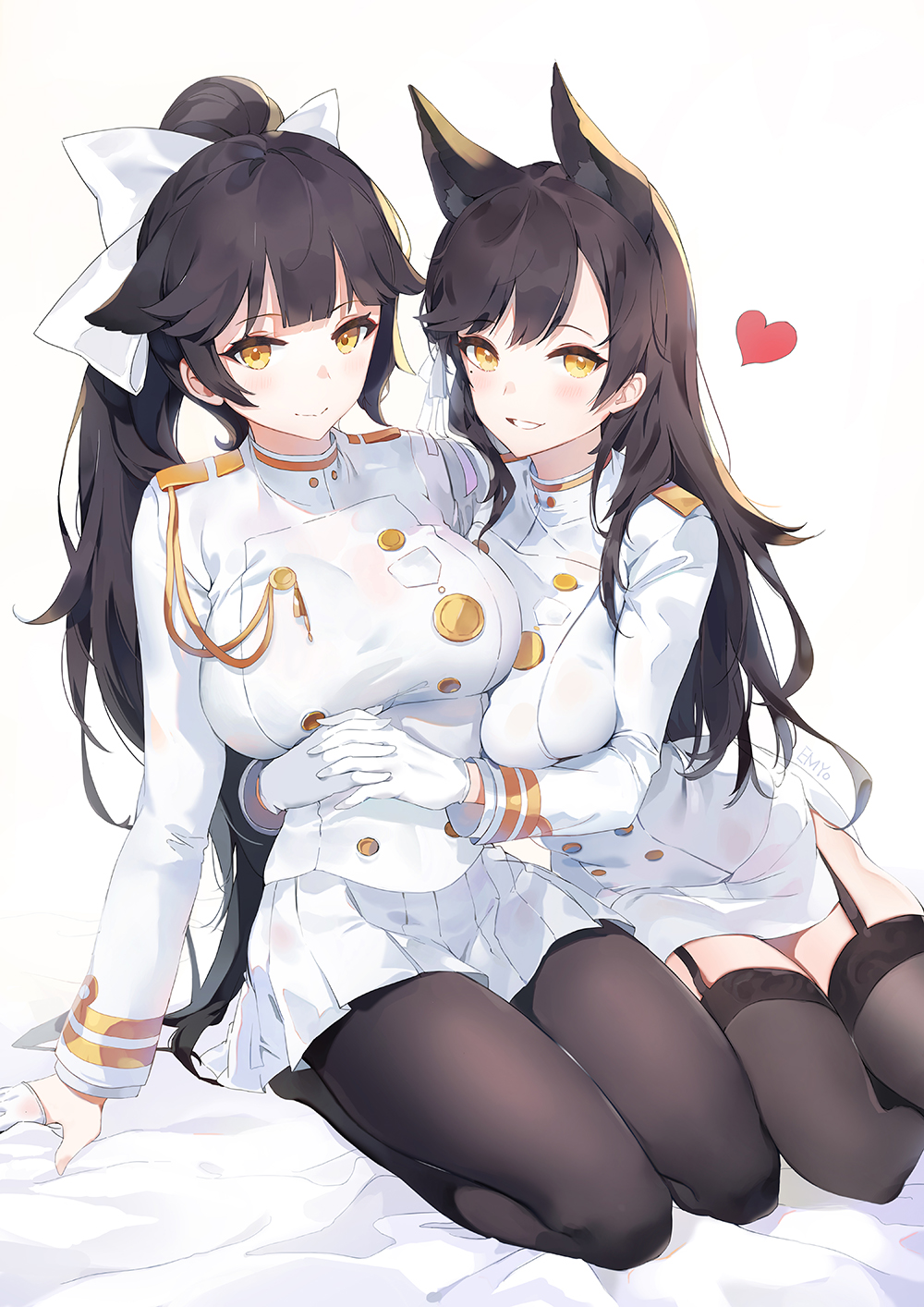 2girls :d aiguillette animal_ears anthropomorphization arm_support arms_around_waist asymmetrical_bangs asymmetrical_hair atago_(azur_lane) azur_lane bangs bed black_hair black_legwear blush breasts buttons closed_mouth double-breasted duo e_myo embracing epaulettes eyebrows_visible_through_hair female floppy_ears garter_straps gloves grin hair_ornament hair_ribbon heart high_resolution hug jacket large_breasts lingerie long_hair long_sleeves looking_at_viewer military military_uniform miniskirt mole mole_under_eye multi_ear multiple_girls neck on_bed open-mouth_smile open_mouth pantyhose parted_lips pencil_skirt pleated_skirt ponytail ribbon seiza shirt side_slit simple_background sisters sitting skirt smile takao_(azur_lane) thighhighs thighs tied_hair uniform white_background white_gloves white_jacket white_ribbon white_shirt white_skirt yellow_eyes yumaomi zettai_ryouiki