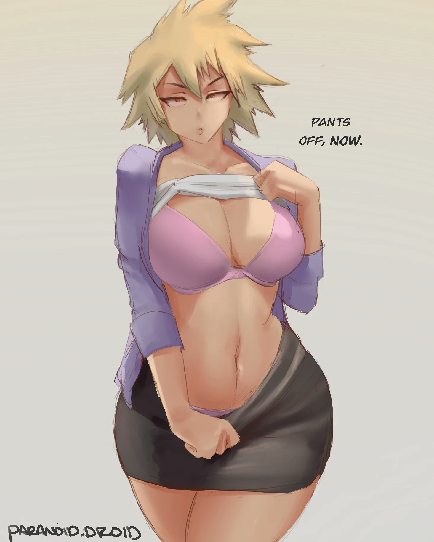 1girls, assertive, assertive female, big breasts, blonde hair, bra, breasts, cleavage, eye contact, female, female only, femdom, grey background, large breasts, looking at viewer, mature female, milf, mitsuki bakugou, my hero academia, navel, paranoiddroid, red eyes, shirt lift, short hair, skirt, solo, standing, text, thick thighs, thighs, undressing, wide hips
