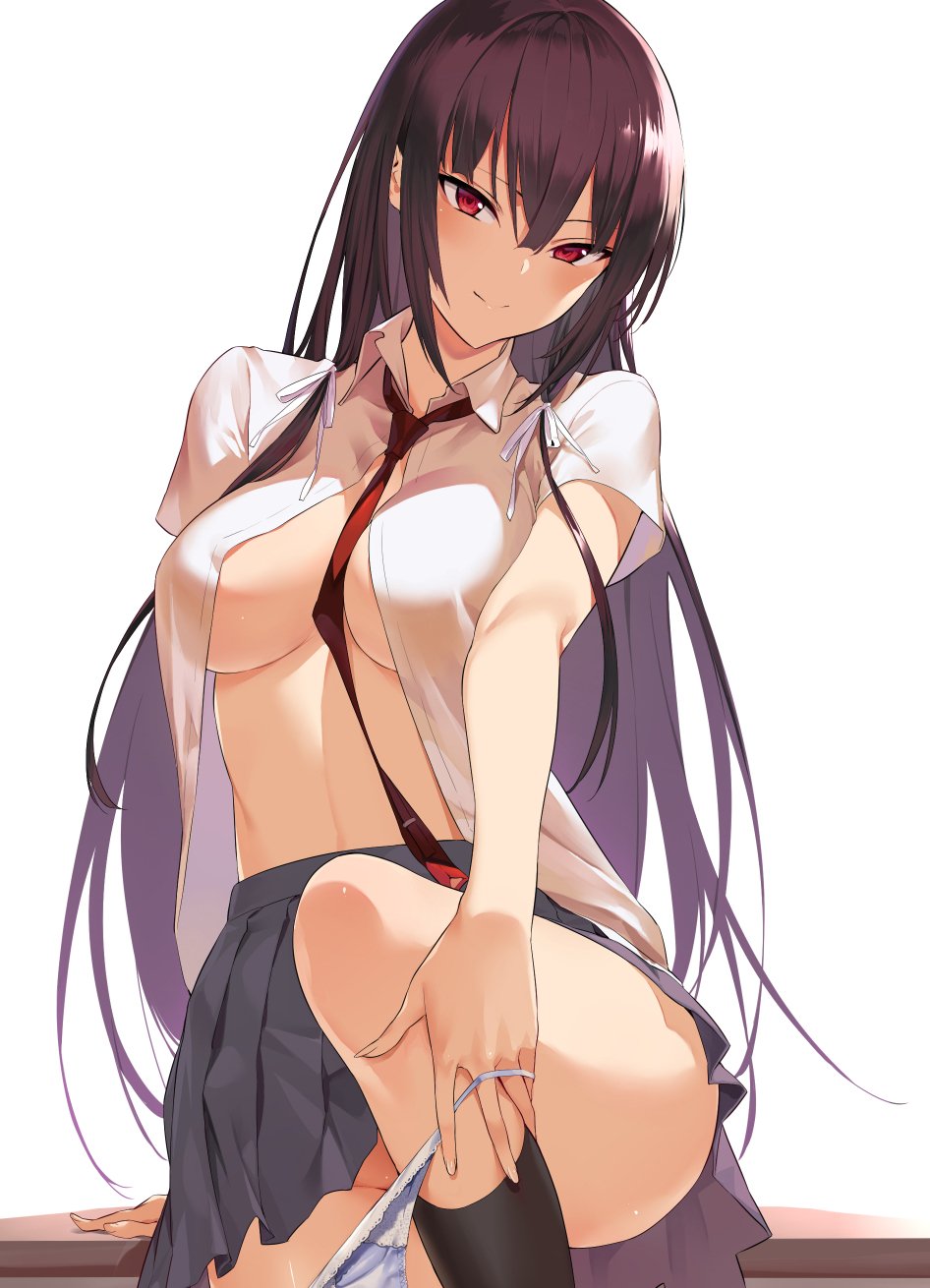 black_legwear blue_panties blue_underwear blush breasts female female hair_ornament hair_ribbon haitekudasai_takamine-san head_tilt high_resolution hiiragi_yuuichi leg_up long_hair looking_at_viewer medium_breasts necktie no_bra official_art open_clothes open_shirt pantsu panty_pull pleated_skirt purple_hair red_eyes ribbon school_uniform shirt sidelocks simple_background sitting skirt socks solo tagme takamine_takane thighs tsurime unbuttoned underwear underwear_pull undressing uniform very_long_hair