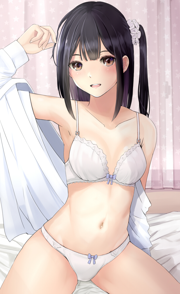 bangs bed bed_sheet black_hair blue_bow blush bow bow_bra bow_panties bra breasts brown_eyes clavicle cleavage curtains female female hair_ornament hair_scrunchie iwanishi long_sleeves looking_at_viewer medium_breasts navel off_shoulder on_bed one_side_up open_clothes open_mouth open_shirt original pantsu round_teeth scrunchie shirt sidelocks sitting smile solo star stomach tagme teeth tongue underwear upper_teeth white_bra white_panties white_shirt white_underwear