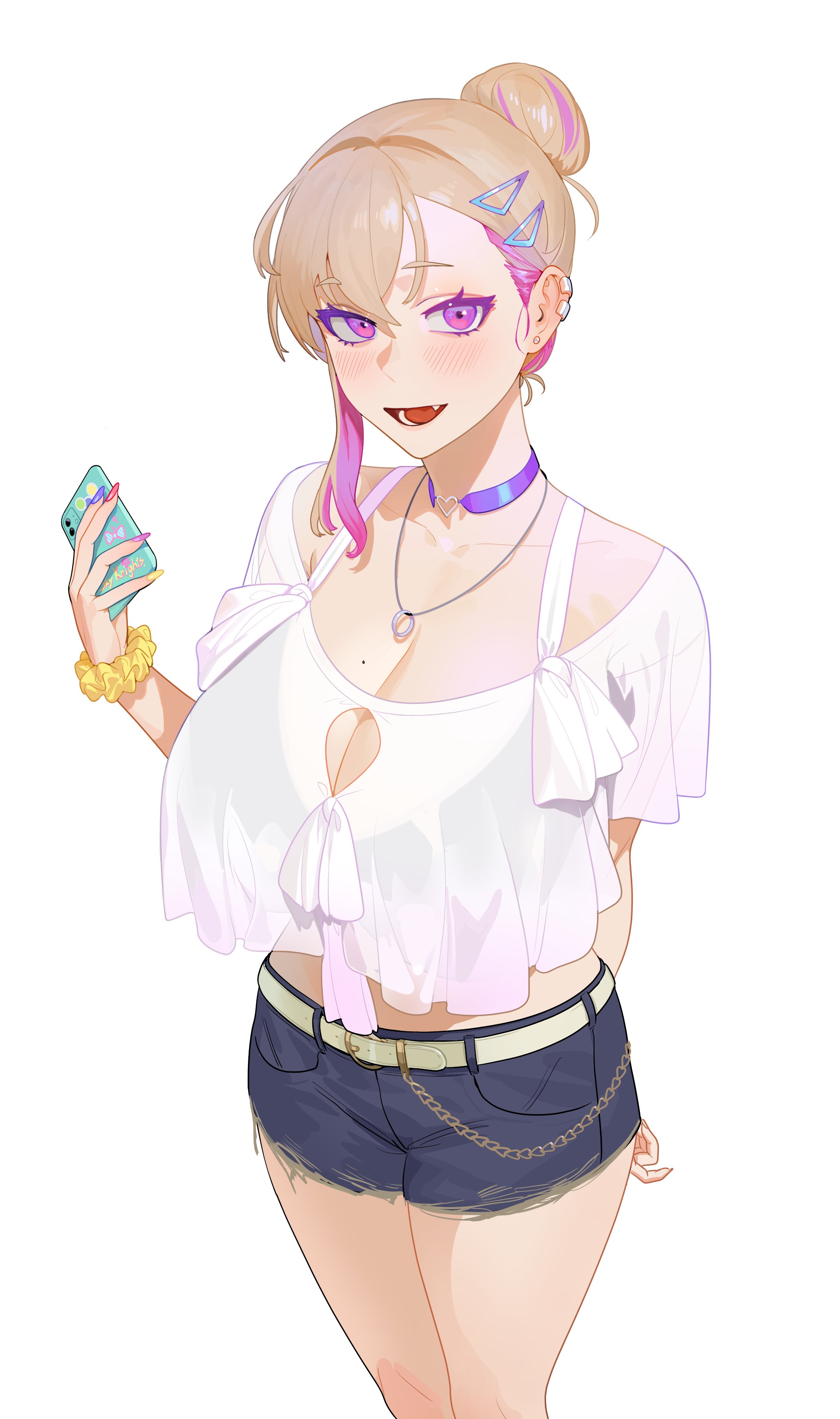 1girls, 2020s, 2021, arm behind back, belt, big breasts, blonde hair, blush, blush lines, boryeon (last origin), bra visible through clothes, breasts, choker, cleavage, clothed, clothed female, clothing, crop top, crop top overhang, cute fang, denim shorts, dyed hair, ear piercings, eyebrows, eyebrows visible through hair, eyelashes, fang, female, female focus, female only, front view, hair bun, hair ornament, heart choker, holding, holding cellphone, holding object, holding phone, holding smartphone, huge breasts, jean shorts, last origin, light skin, light-skinned female, looking at viewer, medium hair, mole, mole on breast, multicolored nails, oerba yun fang, open mouth, pink eyes, purple choker, purple eyes, see-through, see-through clothing, see-through shirt, shirt, short shorts, shorts, simple background, smartphone, sohn woohyoung, solo, standing, tabbto, tongue, two-tone hair, white background, white shirt, white topwear
