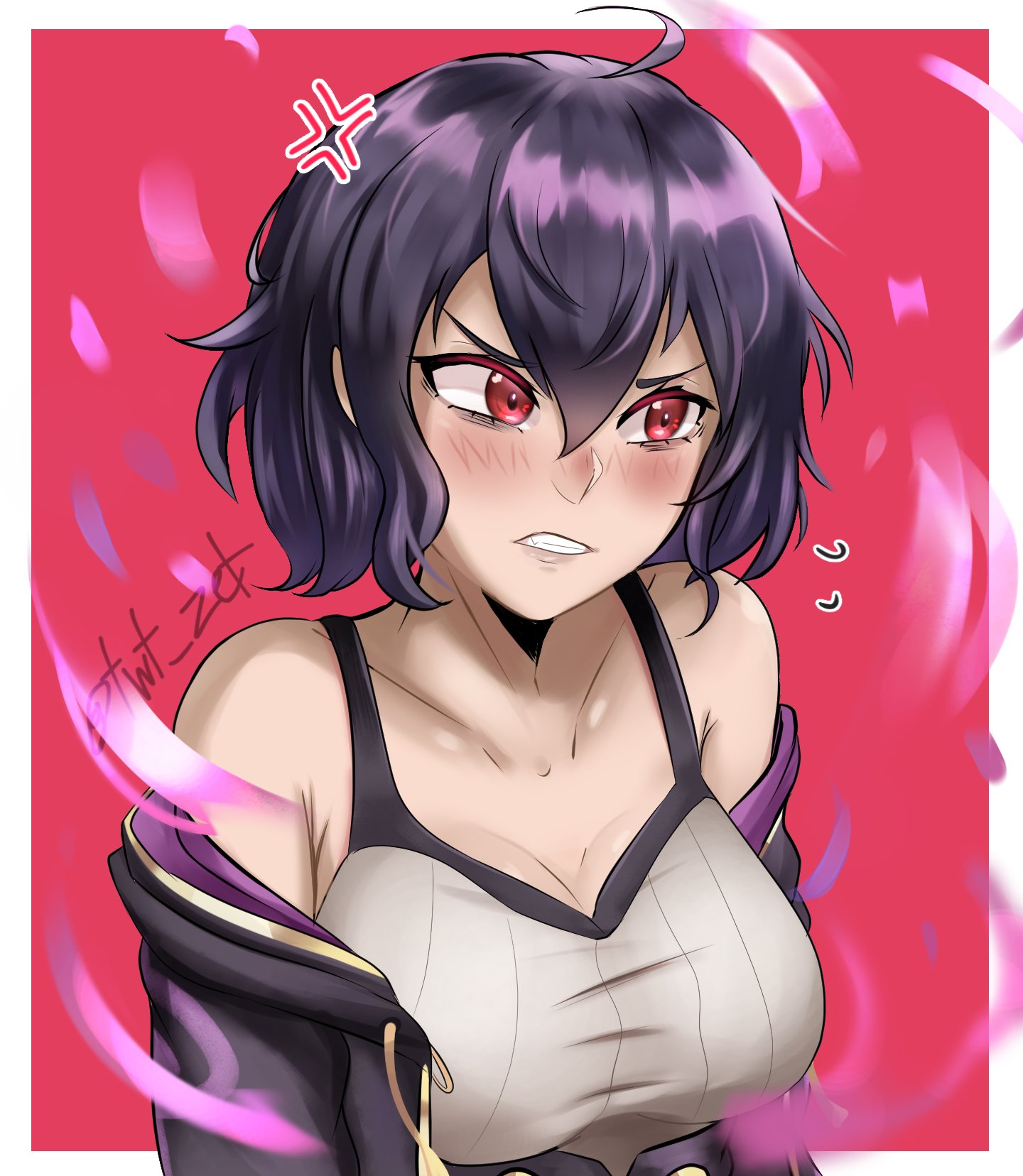 1girls, anger vein, angry, blue background, breasts, cleavage, coat, corruption, embarrassed, female, fire emblem, fire emblem awakening, grima (fire emblem), hair between eyes, large breasts, looking away, medium hair, morgan (fire emblem), morgan (fire emblem) (female), nintendo, off shoulder, purple hair, red eyes, solo, tank top, zet (twt zet)