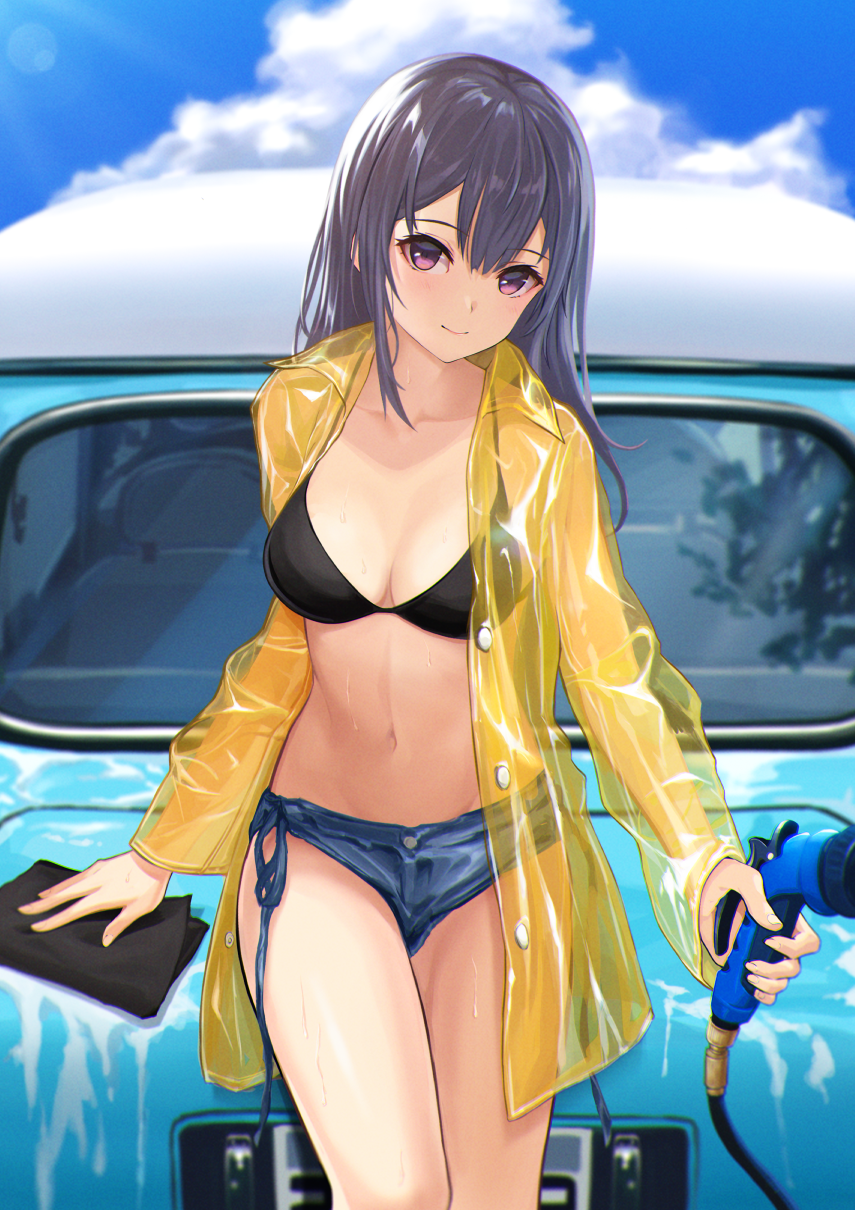 bikini bikini_top bikini_under_clothes black_bikini black_hair black_swimsuit blue_sky blush breasts car clavicle cleaning cleavage closed_mouth cloud day deca_purio denim denim_shorts female female_only fully_clothed ground_vehicle high_resolution lens_flare long_hair long_sleeves looking_at_viewer medium_breasts micro_shorts motor_vehicle open_clothes original outdoors purple_eyes raincoat revealing_clothes short_shorts shorts sky smile solo standing stomach string_bikini swimsuit tagme thighs unbuttoned vehicle