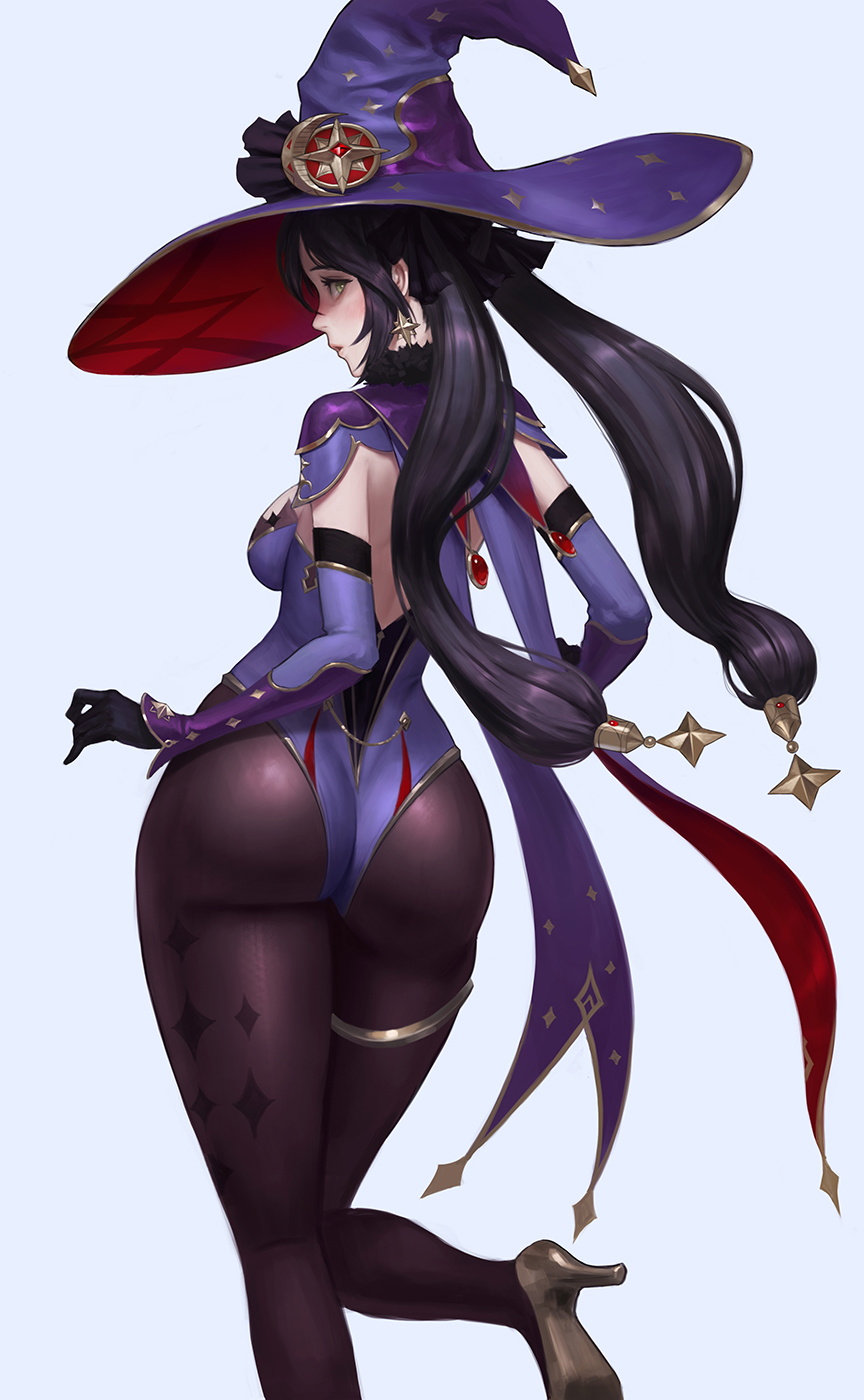 1girls, ass, breasts, clothed, clothing, ear piercing, female, genshin impact, grey eyes, hat, high heels, long hair, mona (genshin impact), nuker, nuker (nukerdraws), open mouth, purple hair, sideboob, solo, twintails