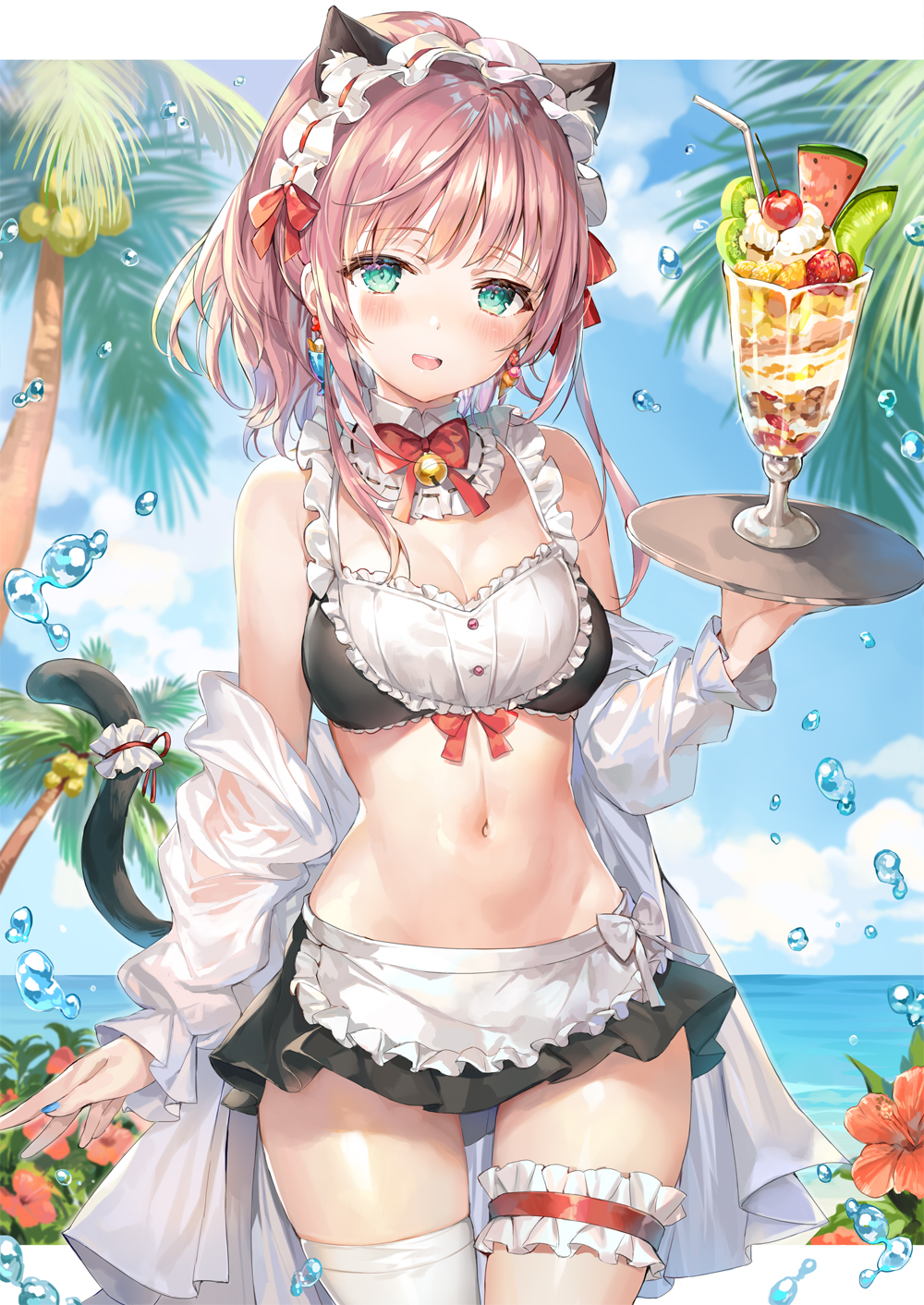 bikini blush clothing female female green_eyes high_resolution maid momoko_(momopoco) parfait pink_hair solo swimsuit tagme