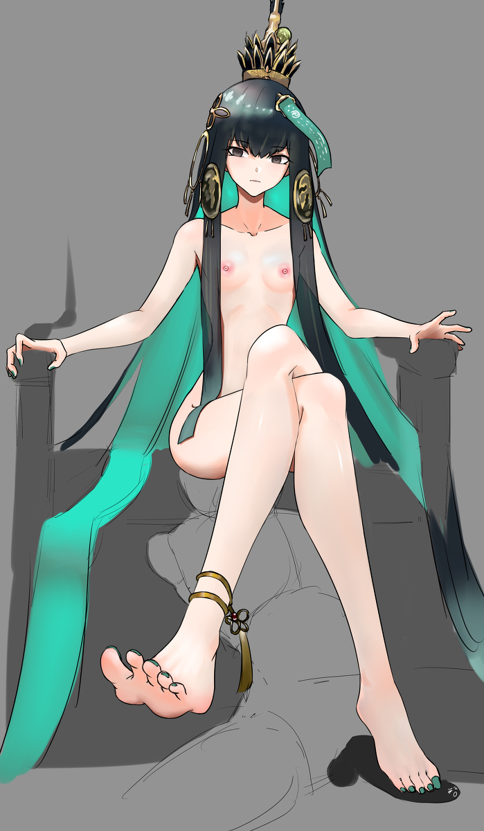 barefoot, black hair, breasts, castro, crossed legs, feet, female, green hair, green nails, grey eyes, hair ornament, long hair, nude, pale skin, punishing: gray raven, qu (punishing: gray raven), robot girl, sitting, small breasts, toes