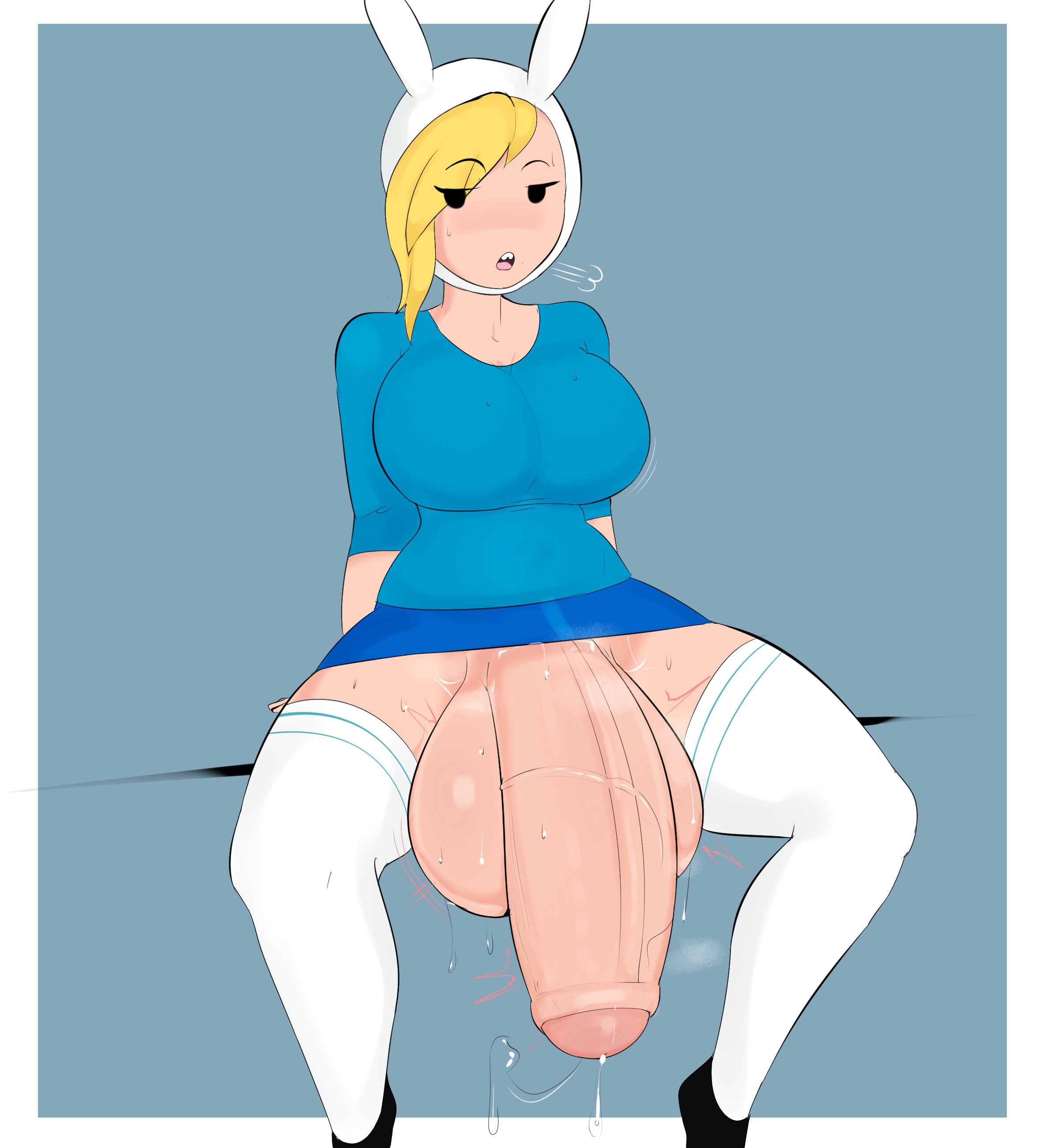 1futa, adventure time, balls, big breasts, breasts, cartoon network, clothed, clothing, female, fionna the human girl, foreskin, futa only, futanari, g3mma, huge balls, huge cock, huge testicles, human, intersex, large breasts, light skin, light-skinned futa, mostly clothed, pale skin, penis, precum, sitting, solo, spread legs, testicles, thighhighs, uncircumcised, uncut