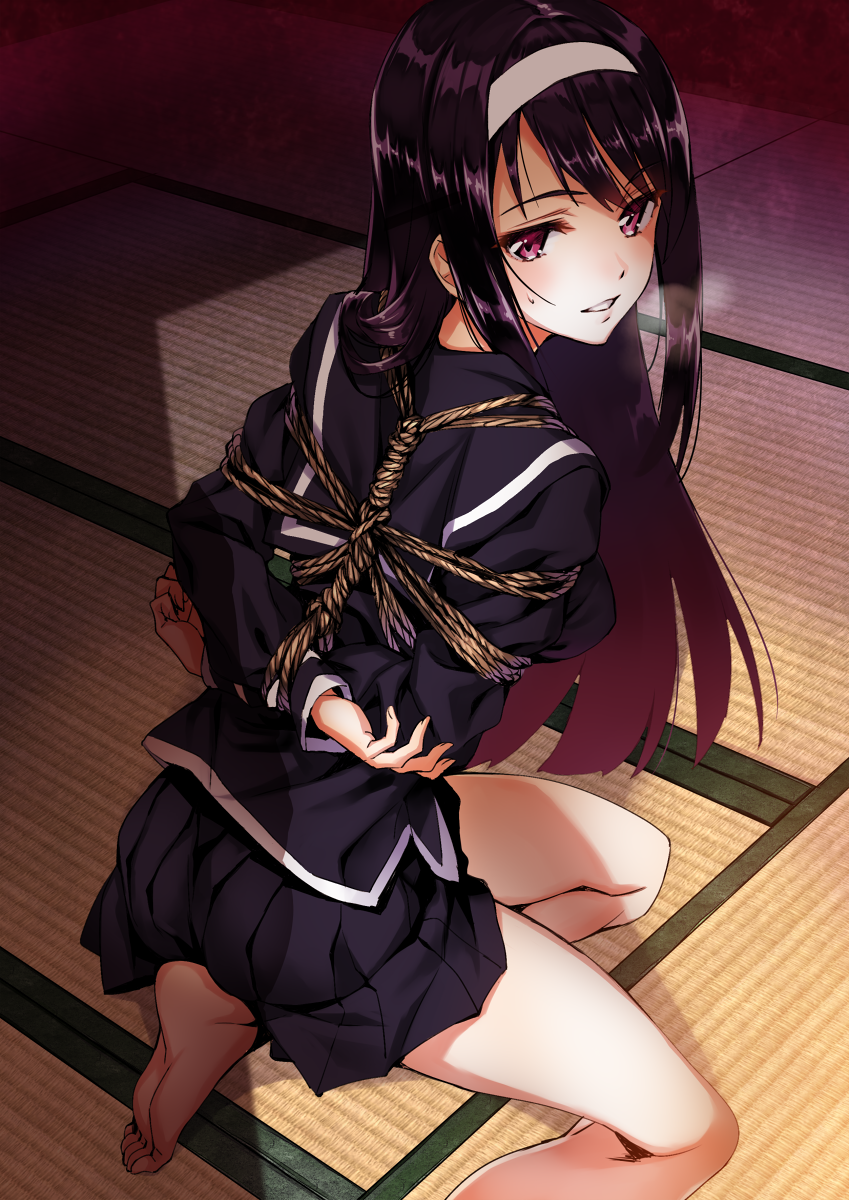 arms_behind_back bangs barefoot black_hair blush bondage breath feet female from_behind hair_over_shoulder hairband head_turned heavy_breathing high_resolution itou_misaki long_hair long_sleeves looking_at_viewer looking_back matsuryuu original purple_eyes red_eyes revision rope school_uniform serafuku shibari_over_clothes shirt sitting skirt skirt_set smile solo tagme tatami tied_up uniform very_long_hair