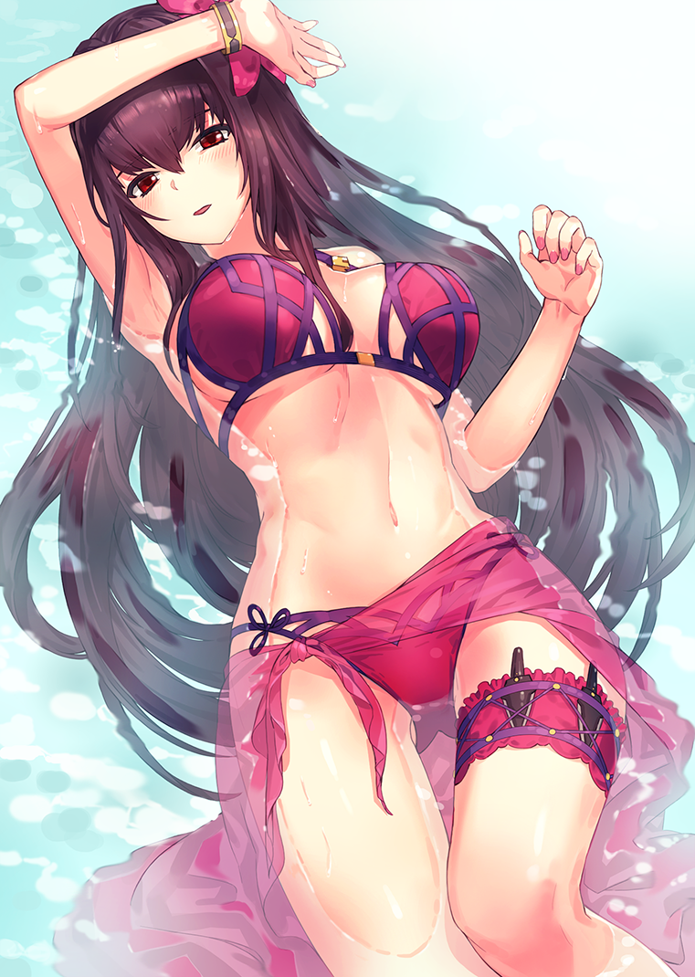 armpits assassin bangs bikini blush bracelet breasts eyebrows_visible_through_hair fate/grand_order fate_(series) female female flower garter hair_flower hair_ornament hibiscus jewelry kfr large_breasts leg_garter long_hair looking_at_viewer lying nail_polish navel on_back one_arm_up parted_lips pink_nails purple_bikini purple_hair red_eyes revision sarong scathach_(fate) scathach_(swimsuit_assassin) see-through solo swimsuit tagme very_long_hair water wet wet_hair