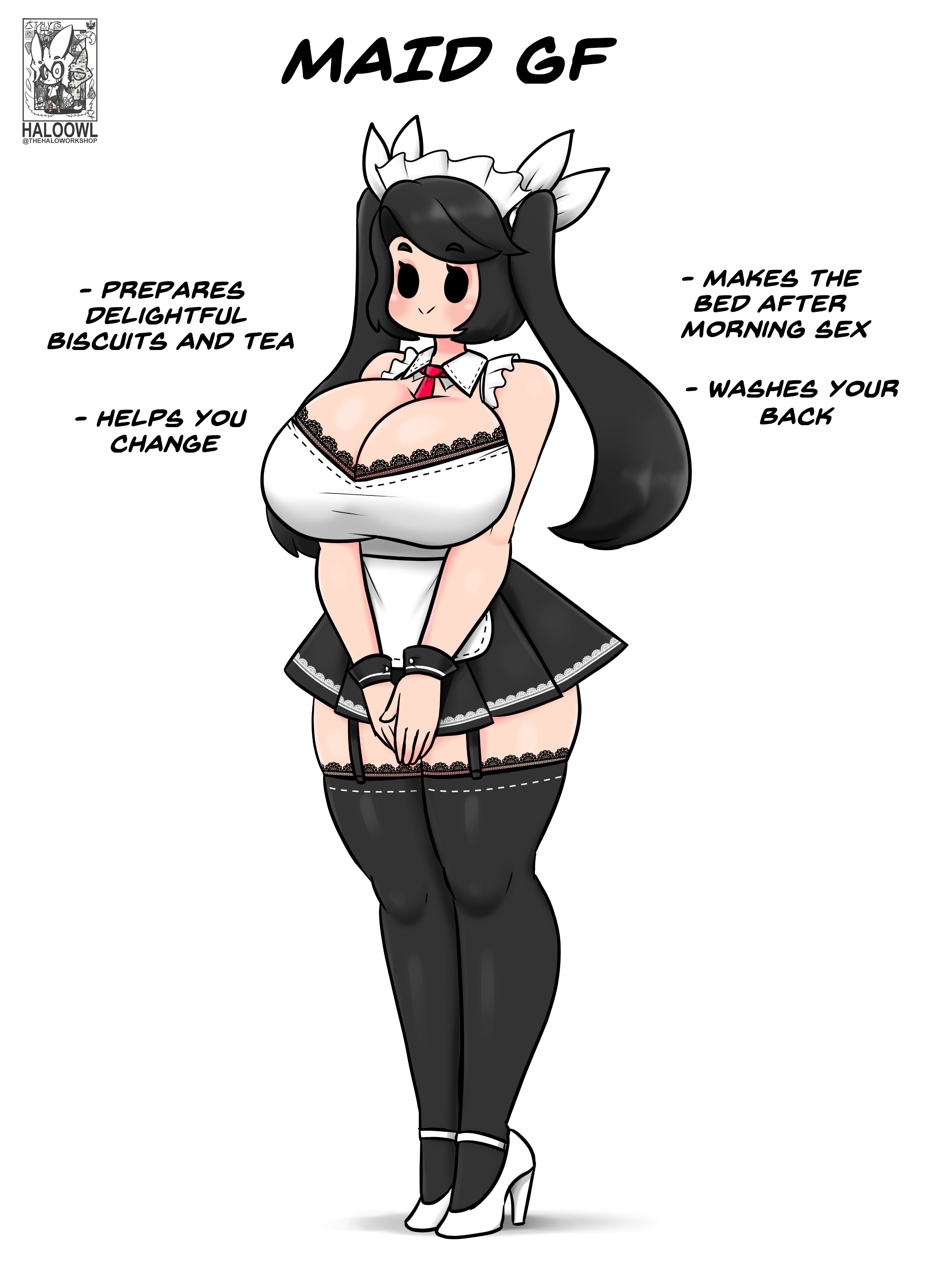 1girls, alternate version at source, alternate version available, artist logo, artist name, big breasts, black eyes, black hair, black legwear, blush, breasts, cleavage, clothed, clothed female, eyebrows through hair, female, female only, frills, garter straps, haloowl, heels, high heels, huge breasts, ideal gf, large breasts, lingerie, maid, maid headdress, maid uniform, necktie, necktie between breasts, original, pleated skirt, short hair, skirt, sleeveless, smile, solo, solo female, standing, tagme, text, thighhighs, tied hair, twintails, wrist cuffs