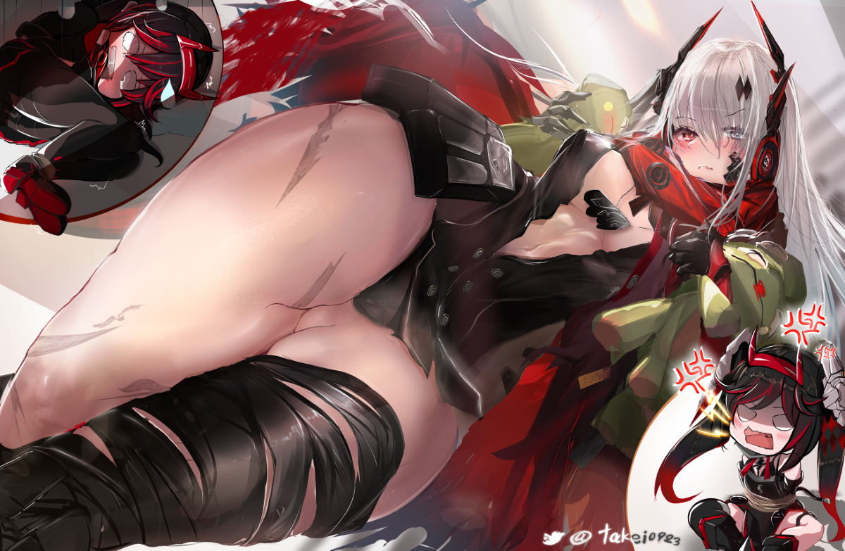 artist request, belly, black hair, blush, breasts, female, long hair, lucia (punishing: gray raven), lucia: crimson abyss (punishing: gray raven), mono224, pale skin, plushie, punishing: gray raven, red eyes, red hair, robot girl, scars, takei0923, tape gag, thick thighs, thighs, tied up, viewed from below, white eyes, white hair