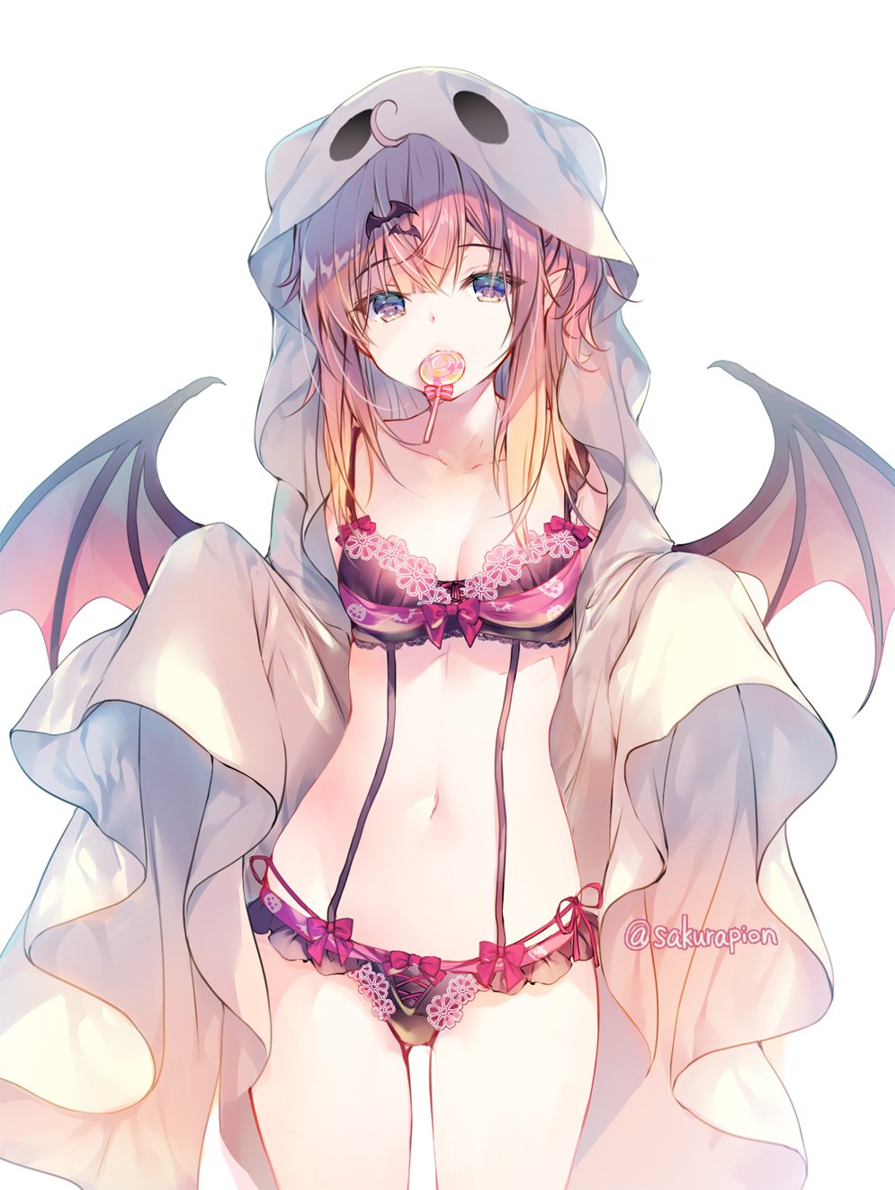 ahoge bangs bat_hair_ornament black_bra black_panties black_underwear blonde_hair bow bow_bra bow_panties bra breasts candy clavicle cleavage cowboy_shot demon_wings eyebrows_visible_through_hair female food food_in_mouth frilled_bra frilled_panties frilled_underwear frills garter_straps ghost_costume groin hair hair_ornament halloween halloween_costume high_resolution hood jack-o'-lantern_print lace lace-trimmed_bra lace_trim lingerie lollipop long_hair looking_at_viewer medium_breasts miwabe_sakura mouth_hold multi-strapped_panties navel original pantsu pink_bow pink_bra pink_panties pointed_ears print_bra print_panties purple_eyes side-tie_panties simple_background solo standing stomach swirl_lollipop tagme thighs twitter_username underwear underwear_only white_background wings