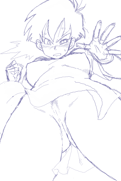 1girls blush clenched_fist dragon_ball embarrassed female monochrome nipples_visible_through_clothing no_panties pubes pubic_hair pussy shocked short_hair sketch solo sorashu sweat videl