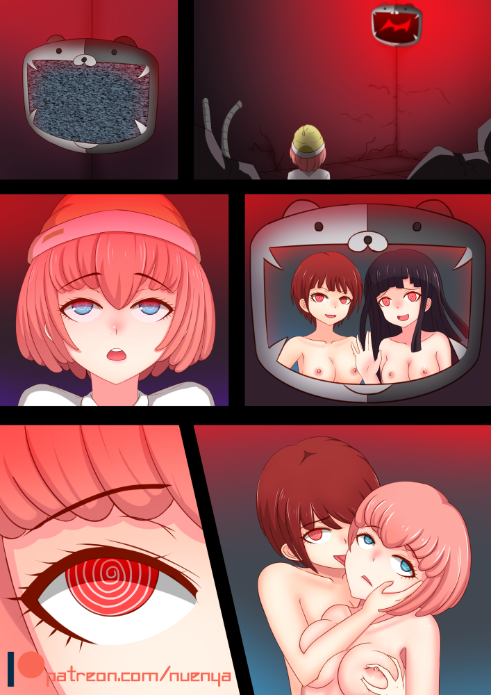 3girls ando_ruruka assertive assertive_female big_breasts brainwashed breast_grab breasts danganronpa danganronpa_3 defeated defeated_heroine female/female female_focus female_only femsub hand_on_cheek happy_female hat heroine horny_female hypnosis hypnotized koizumi_mahiru lezsub licking_face mind_break mind_control monokuma multiple_girls nipples nude nude_female nuenya pink_hair purple_hair red_eyes red_hair straight_hair submissive_female tsumiki_mikan yuri