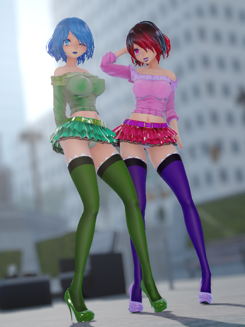 2girls 3d adult amber_lightvale bete_noire blue_hair blue_lips female female_only glitchtale green green_eyes green_panties green_stockings green_sweater grown_up heels high_heels latex latex_skirt lips microskirt mikumikudance miniskirt mmd panties pants pantsu pink pink_eyes pink_hair pink_lips pink_panties pink_stockings pink_sweater shoes skirt skirt_up soft stockings sweater tagme undertale undertale_fanfiction upskirt