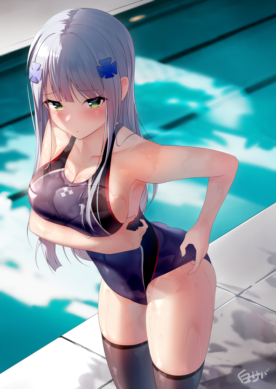 adjusting_clothes adjusting_swimsuit bare_breasts black_legwear blue_swimsuit breasts cleavage clothes_pull competition_swimsuit duplicate female girls'_frontline green_eyes high_resolution hk416_(girls'_frontline) large_breasts one-piece_swimsuit pool poolside shirosaba swimsuit swimsuit_pull tagme tank_suit