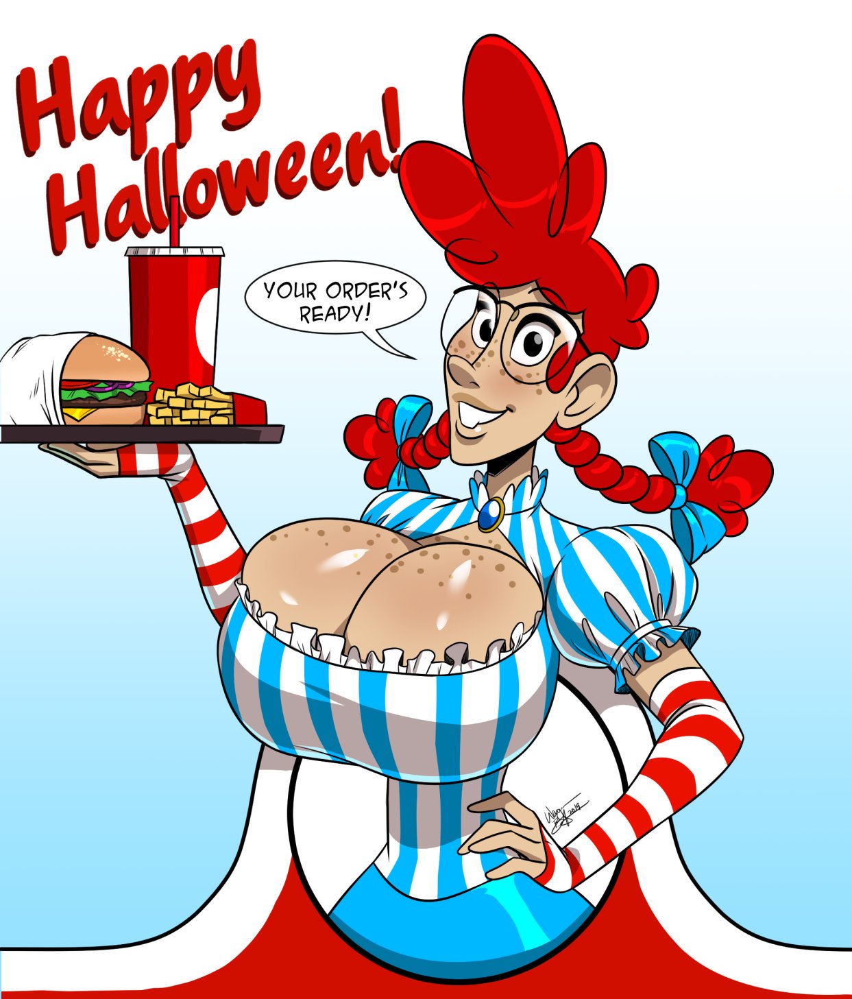 1girls aeolus06 big_breasts braided_hair buckteeth burger cleavage cleavage_cutout cosplay daisy_malloy dress drink elbow_tufts fast_food female female_only food_tray freckles freckles_on_breasts freckles_on_chest french_fries glasses hair_ribbon halloween huge_breasts hyper_breasts large_breasts real_person red_hair smile striped_clothing striped_gloves thin_waist twin_braids wendy_thomas_(cosplay) white_background wide_hips