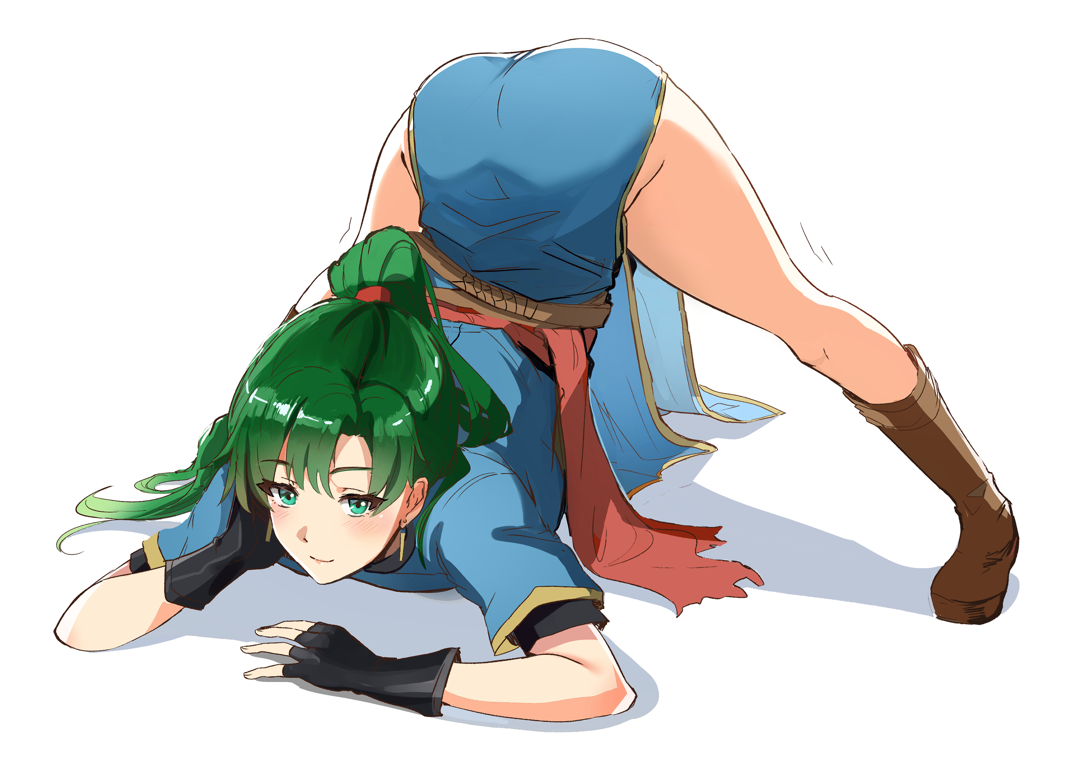 1girls, absurdres, ass, bangs, black gloves, blush, dress, earrings, female, fingerless gloves, fire emblem, fire emblem: the blazing blade, gloves, green eyes, green hair, high ponytail, highres, jack-o pose, jewelry, legs, long hair, looking at viewer, lyn (fire emblem), lyndis (fire emblem), meme, nintendo, open mouth, ormille, ponytail, simple background, smile, solo, spread legs, stretching, top-down bottom-up, twitter