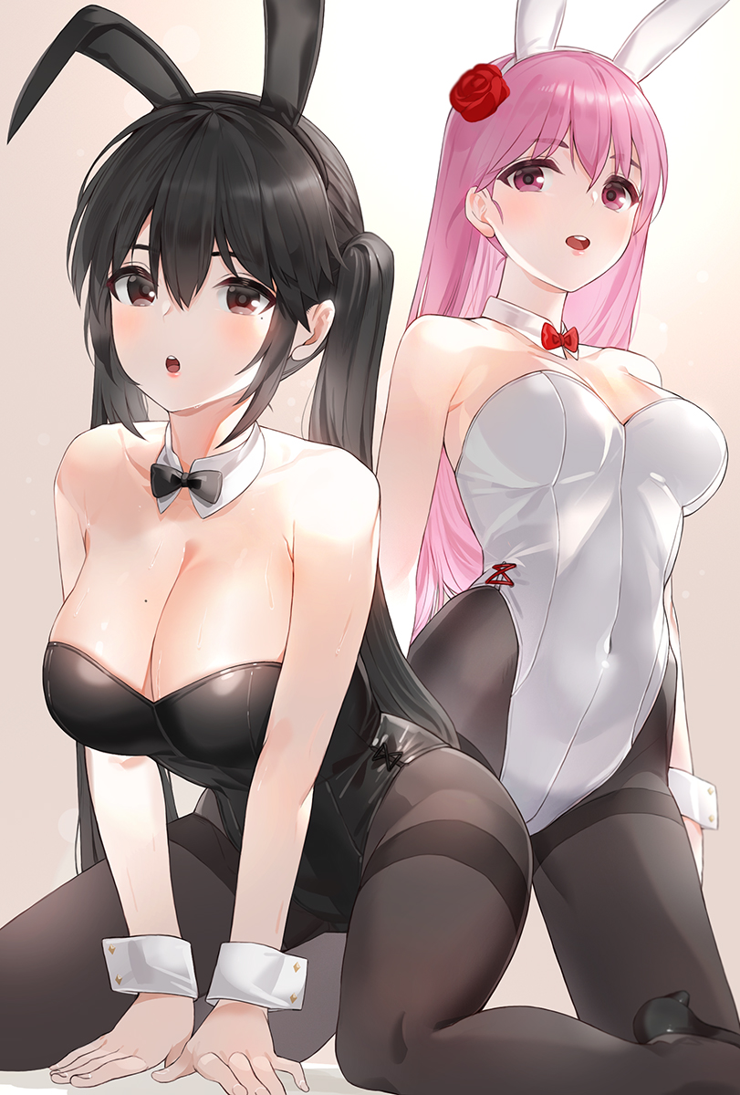 2girls :d :o all_fours animal_ears bangs bare_arms bare_shoulders black_bunny_ears black_eyes black_footwear black_hair black_hair_ornament black_hairband black_legwear black_leotard black_neckwear blush bow bowtie breasts bunny_ears bunnysuit clavicle cleavage covered_navel detached_collar duo eyebrows_visible_through_hair fake_animal_ears female flower hair_between_eyes hair_flower hair_ornament hairband high_heels high_resolution kfr kneeling large_breasts leotard long_hair looking_at_viewer medium_breasts mole mole_on_breast mole_under_eye multiple_girls neck open-mouth_smile open_mouth original pantyhose parted_lips pink_eyes pink_hair purple_eyes red_eyes red_flower red_neckwear red_rose rose shoes sidelocks smile tagme thighband_pantyhose tied_hair twintails very_long_hair white_bunny_ears white_hair_ornament white_hairband white_leotard wrist_cuffs