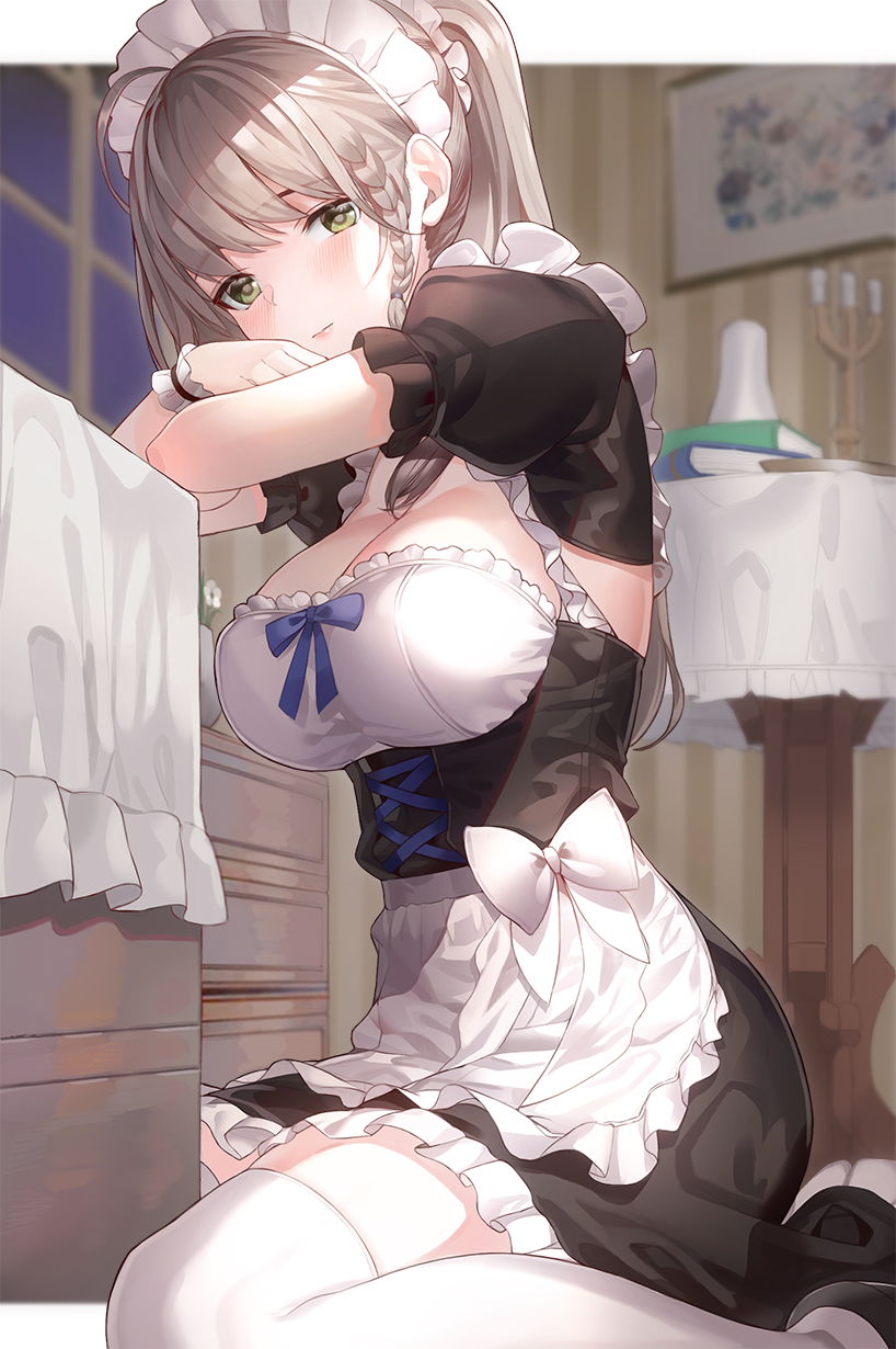 apron armpit_cutout blurry blurry_background blush braid breasts brown_hair cleavage clothing clothing_cutout dress female female green_eyes headdress headwear high_resolution indoors kfr large_breasts long_hair looking_at_viewer maid maid_headdress original ponytail sitting solo tagme thighhighs thighs tied_hair waist_apron wariza white_legwear wrist_cuffs zettai_ryouiki