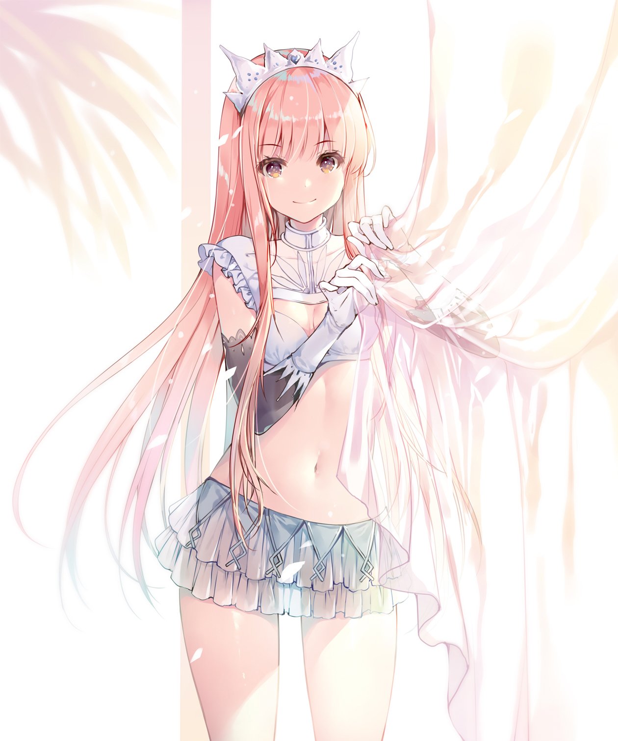 bangs blunt_bangs bra breasts brown_eyes cleavage clothing crown curtain_grab curtains elbow_gloves fate/grand_order fate_(series) female gloves hair headwear high_resolution long_hair medb_(fate) midriff miwabe_sakura navel pink_hair royal see-through skirt small_breasts smile solo tagme tiara underwear white_gloves white_skirt