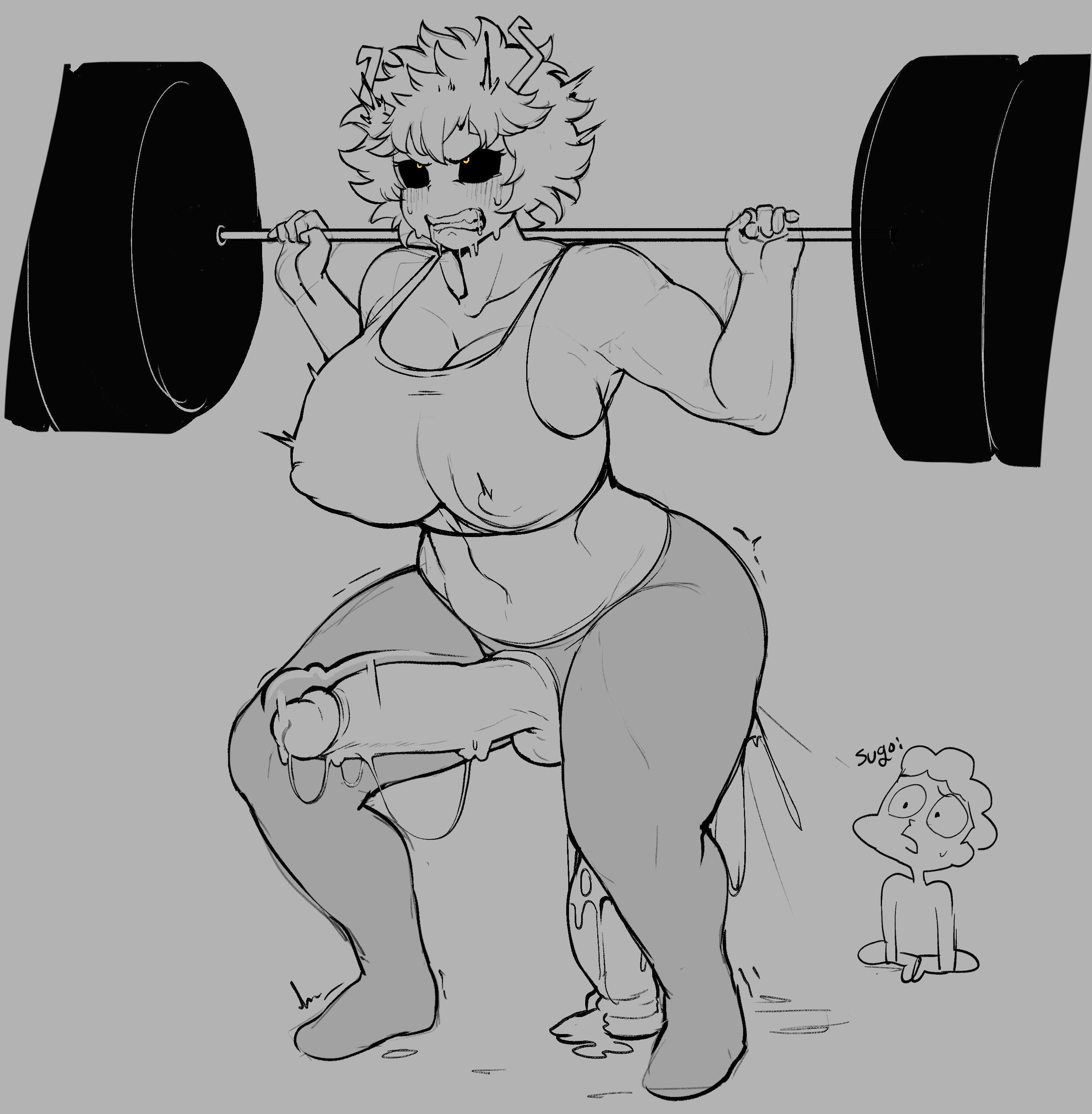 1futa, anal, anal insertion, balls, big breasts, big penis, black sclera, breasts, cham22, clenched teeth, clothed, clothing, dildo, erection, futa focus, futanari, grey background, greyscale, gym, gym clothes, huge breasts, humanoid, humanoid penis, intersex, masturbation, mina ashido, minoru mineta, monochrome, mostly clothed, my hero academia, penis, precum, rolling eyes, solo focus, squatting, thick thighs, weightlifting, wide hips
