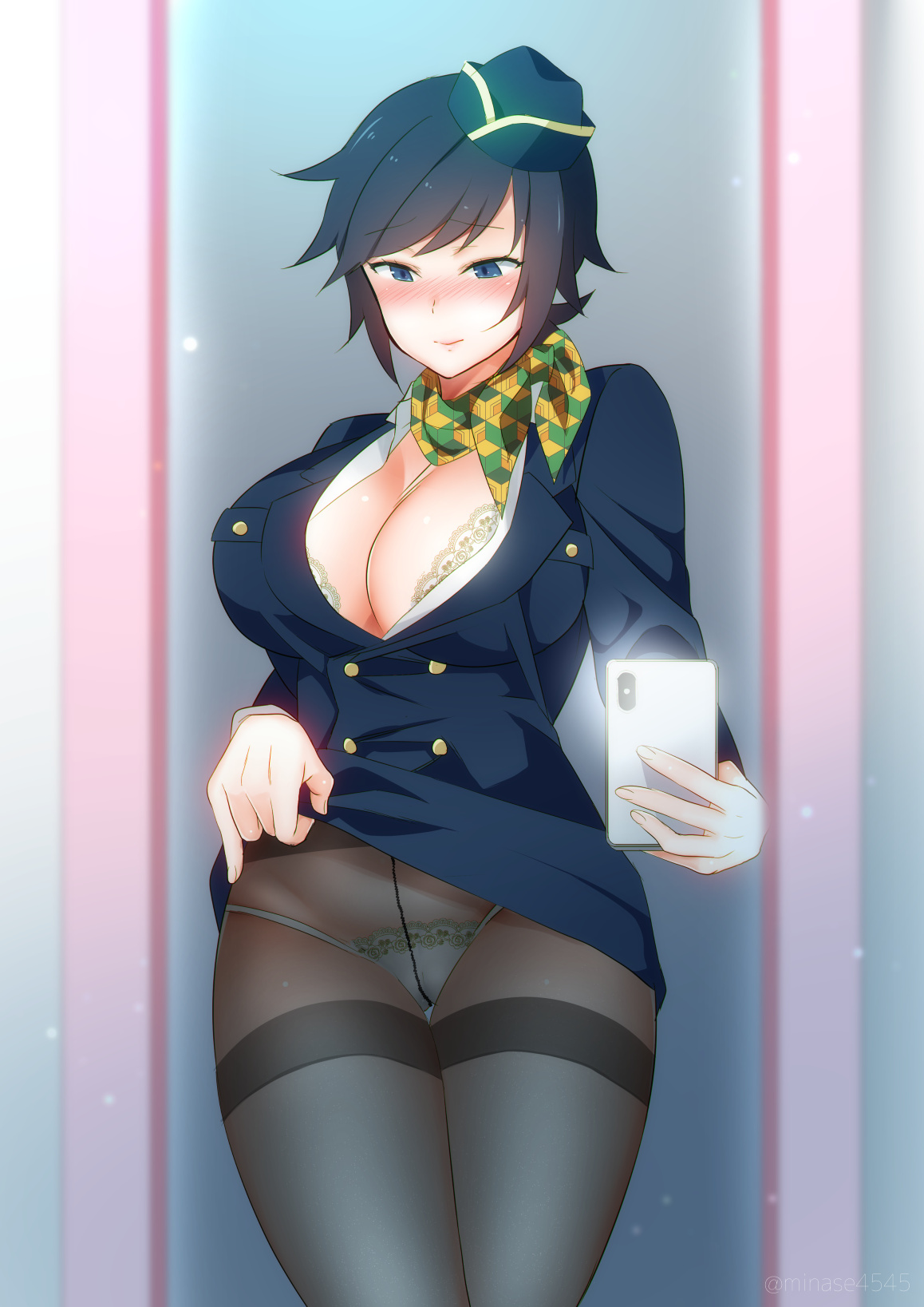 alternate costume, big breasts, black hair, blue eyes, blush, bra cups sticking out, breasts, cleavage, demon slayer, female, female only, flight attendant, genderswap, genderswap (mtf), hat, kimetsu no yaiba, lace-trimmed bra, lace-trimmed panties, minase4545, mirror, open shirt, panties, pantyhose, rule 63, scarf, selfie, skirt lift, smile, solo, stewardess, thighband pantyhose, tomioka giyuu, uniform
