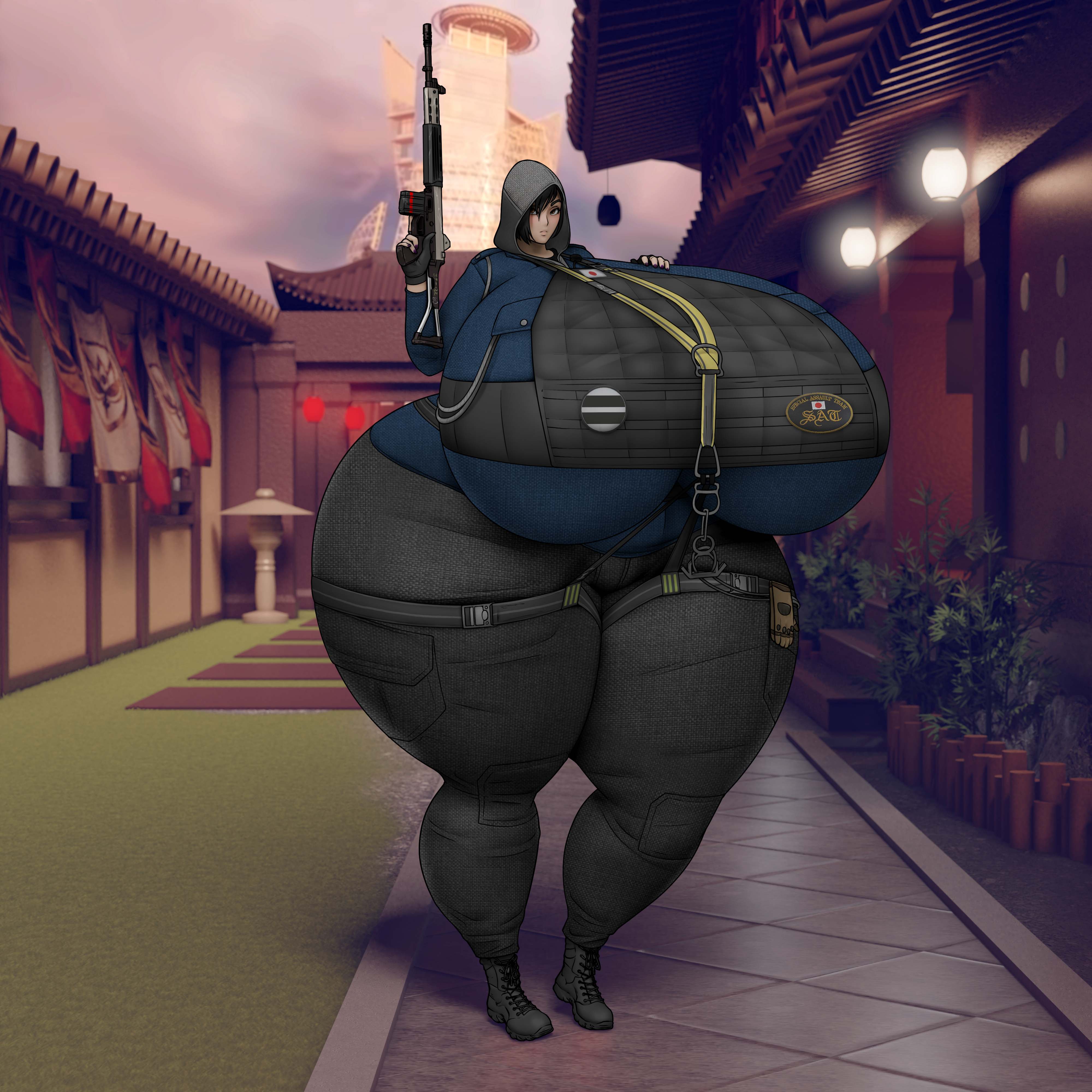 1:1, 1girls, 2021, 4k, absurd res, absurdres, asian, ass, big breasts, breasts, breasts bigger than head, digital media (artwork), enormous breasts, female, female focus, female only, gigantic breasts, hi res, hibana (rainbow six), highres, holding object, holding weapon, hoodie, huge ass, huge breasts, hyper, hyper ass, hyper breasts, large breasts, massive breasts, military, military uniform, rainbow six, rainbow six siege, ranged weapon, someshittysketches, thick thighs, tom clancy, vest, weapon