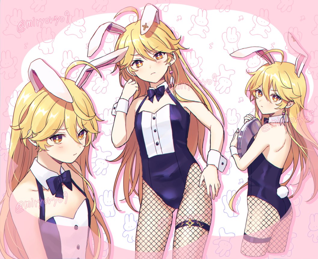 1boy, aether (genshin impact), blonde hair, bodysuit, bunny boy, bunny ears, bunnysuit, crossdressing, femboy, fishnet stockings, gay, genshin impact, hair ornament, long hair, male, male only, otoko no ko, otokonoko, pose, trap, twink, yaoi