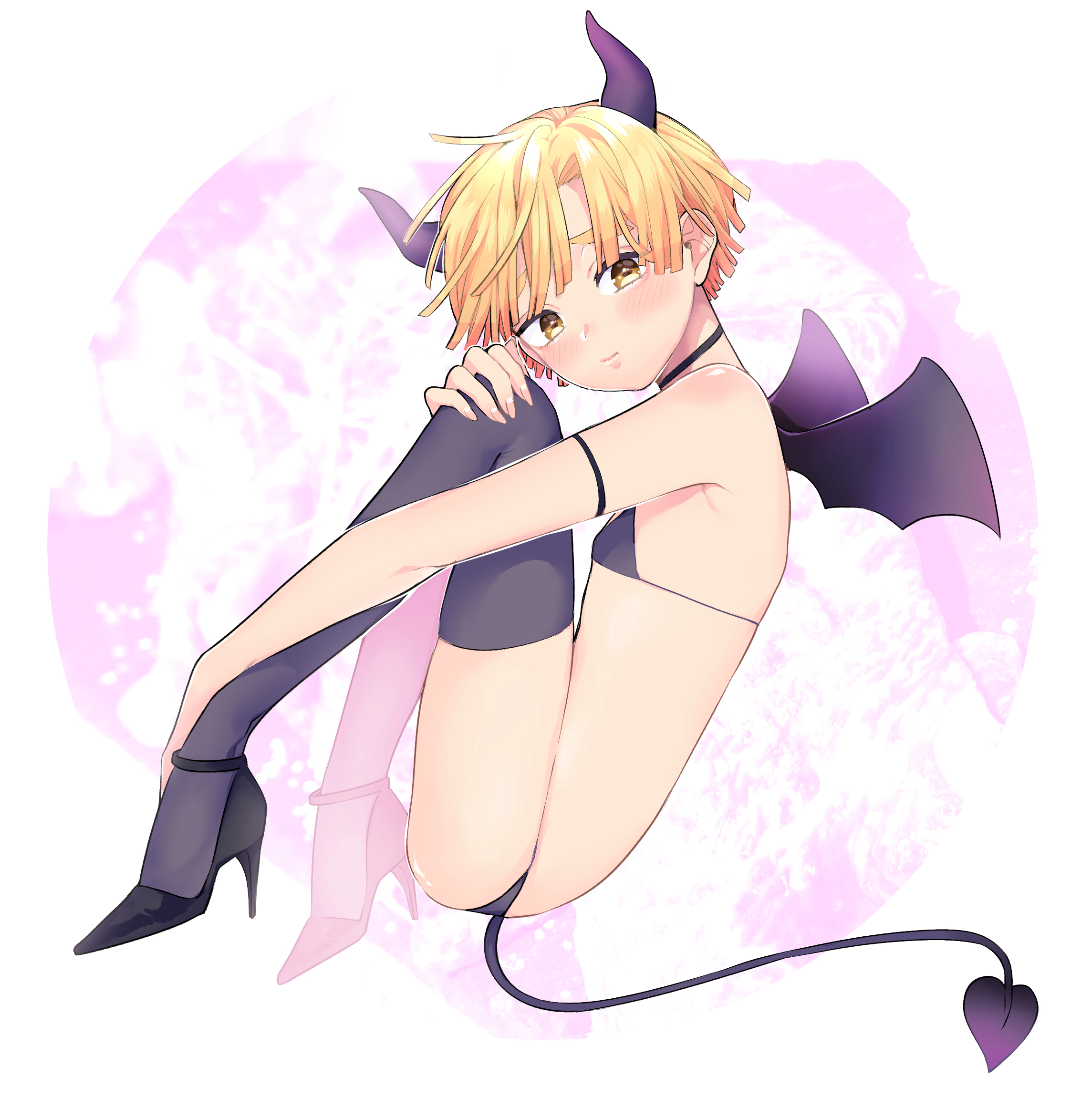 alternate costume, androgynous, bikini, blonde hair, blush, crossdressing, demon, demon boy, demon horns, demon slayer, demon tail, demon wings, femboy, high heels, horns, incubus, ishidori, kimetsu no yaiba, male, male only, solo, tail, thighhighs, twink, wings, yellow eyes, zenitsu agatsuma