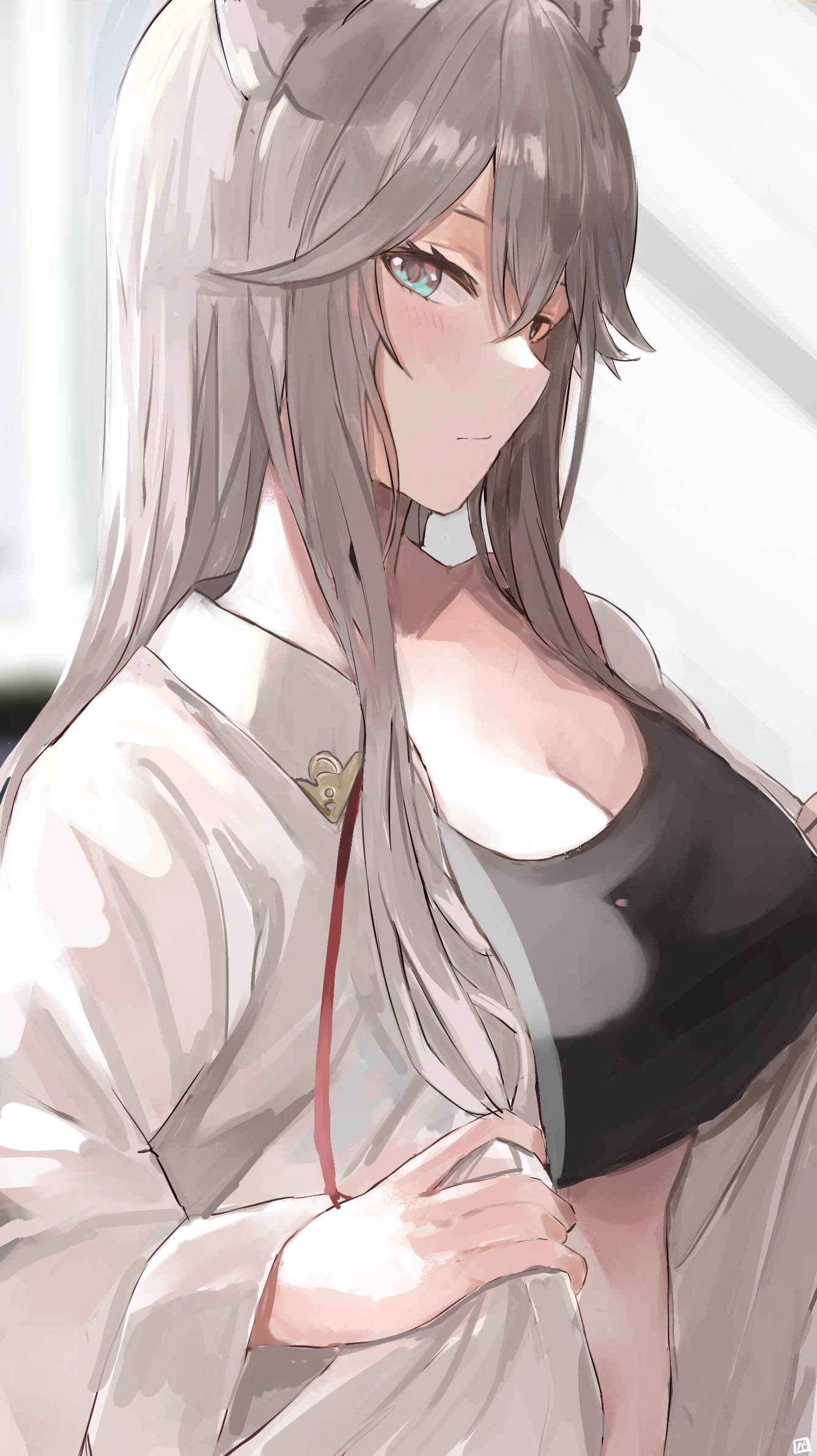 1girls, animal ears, big breasts, blue eyes, breasts, brown hair, clothing, female, grey eyes, grey hair, hololive, hololive gen 5, hololive japan, kemonomimi, lion ears, lion girl, midriff, pineapple (pine), pineapplelava, revealing clothes, shishiro botan, silver hair, virtual youtuber