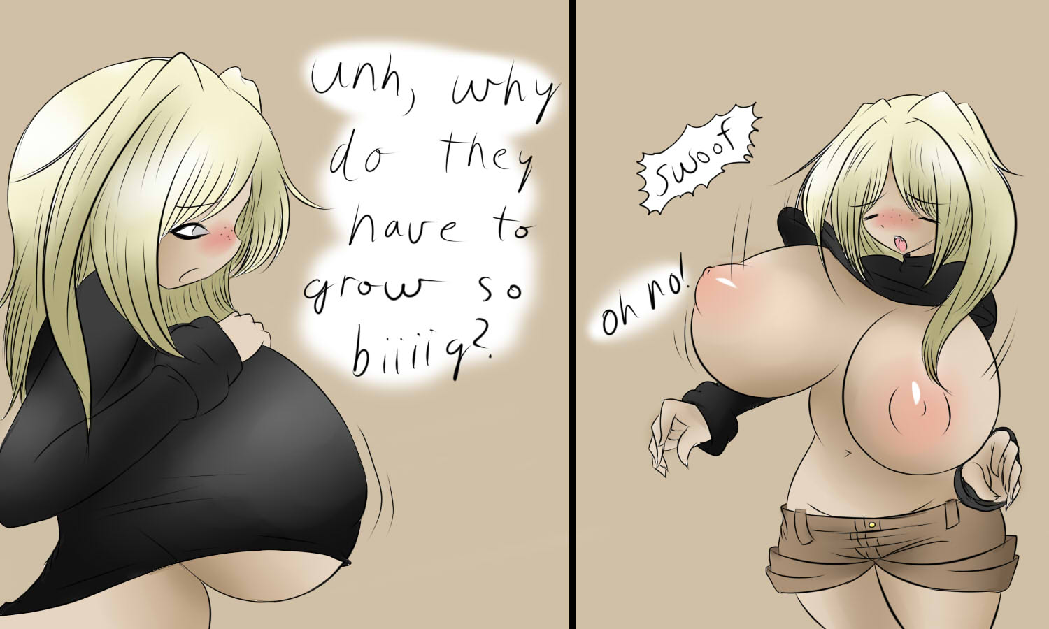 1girls, ass, ass expansion, blonde hair, blush, breast expansion, breast growth, breast growth (enlargement), breasts, comic, dullvivid, english text, female, female only, fluffernubber, huge ass, huge breasts, ice cream, onomatopoeia, original, original character, puffy nipples, solo, solo female, tagme