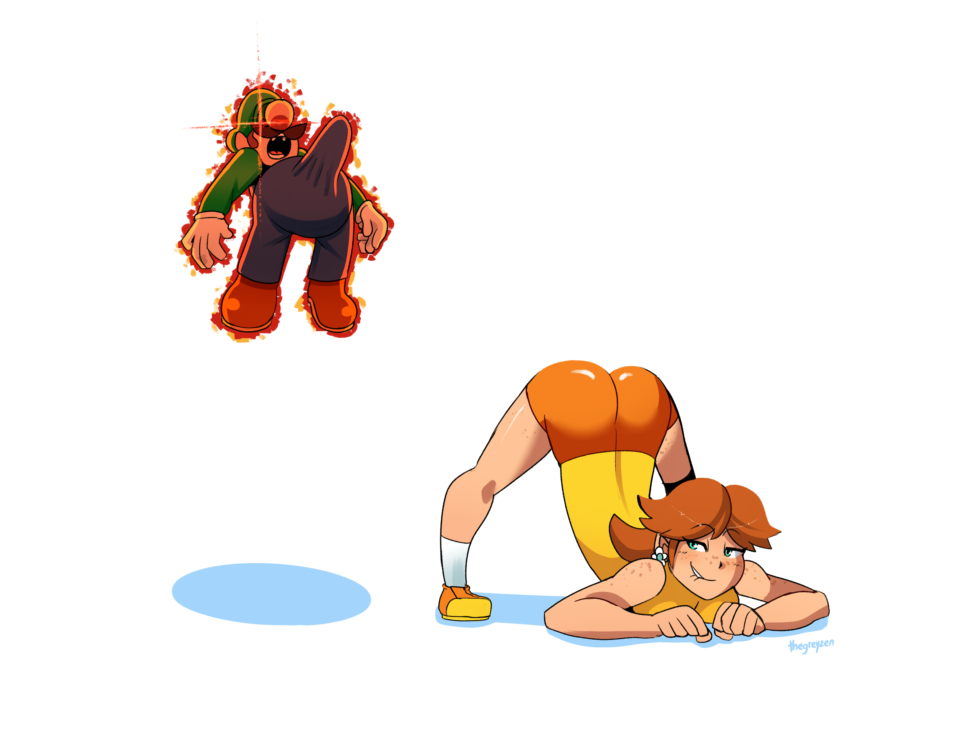 1boy, 1girls, all fours, ass, ass up, aura, big ass, big breasts, bike shorts, biting lip, blue eyes, breasts, brown hair, clothed, clothing, comedy, earrings, erection, erection under clothes, female, freckles, freckles on shoulders, freckles on thighs, funny, green eyes, humor, jack-o pose, luigi, male, mario (series), mario tennis, meme, nintendo, princess daisy, simple background, sportswear, spread legs, tagme, thegreyzen, tight clothing