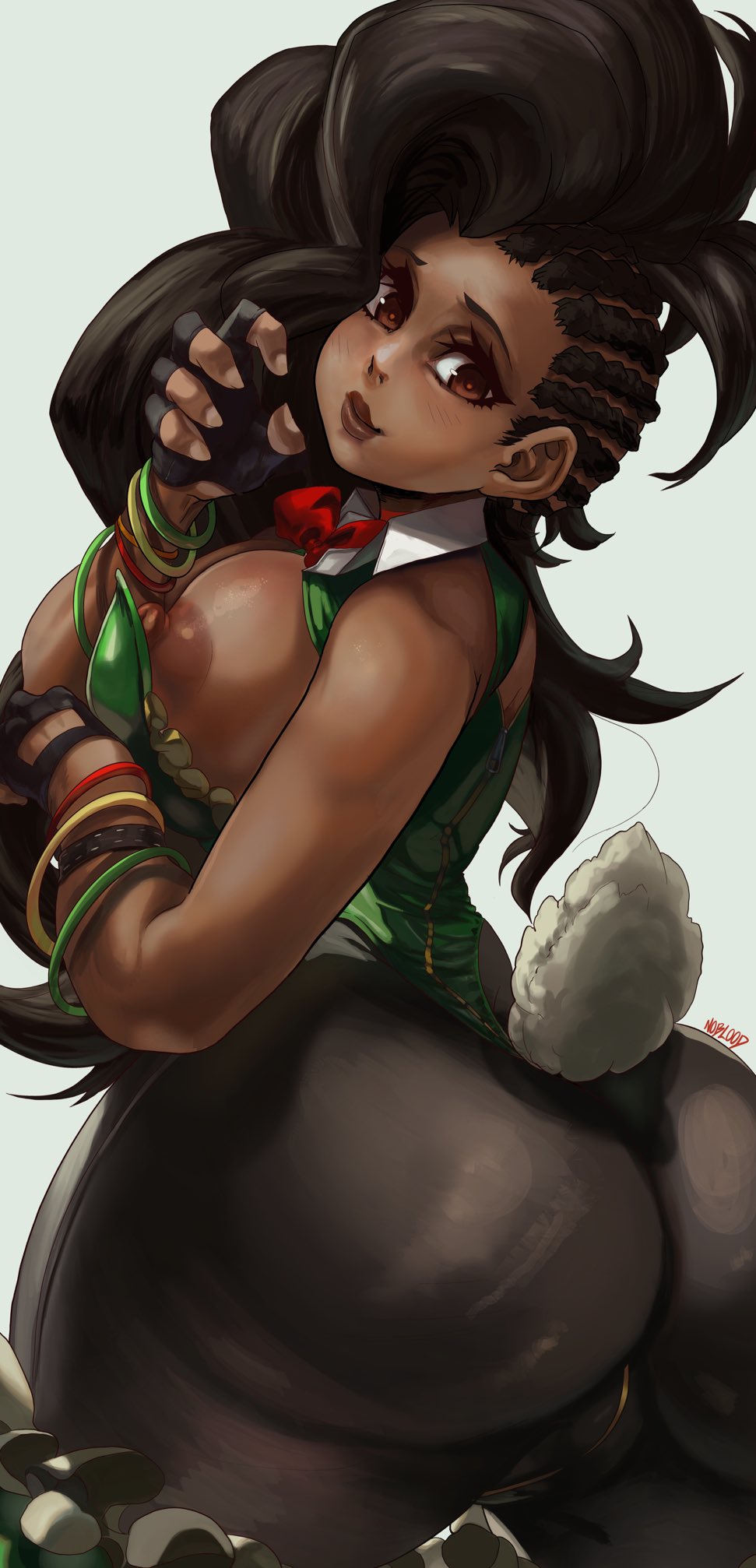 1girls, 2021, areolae, ass, bracelets, brazilian, brazilian female, breasts, bunny ears, bunny girl, bunny tail, bunnysuit, capcom, dark nipples, dark skin, dark-skinned female, eyelashes, female, female focus, female only, fingerless gloves, gloves, huge ass, laura matsuda, long hair, looking at viewer, looking back, nipples, noblood, ryandomonica, sideboob, simple background, solo, solo female, solo focus, street fighter, street fighter v, thick thighs, thighs, voluptuous, white background, wide hips