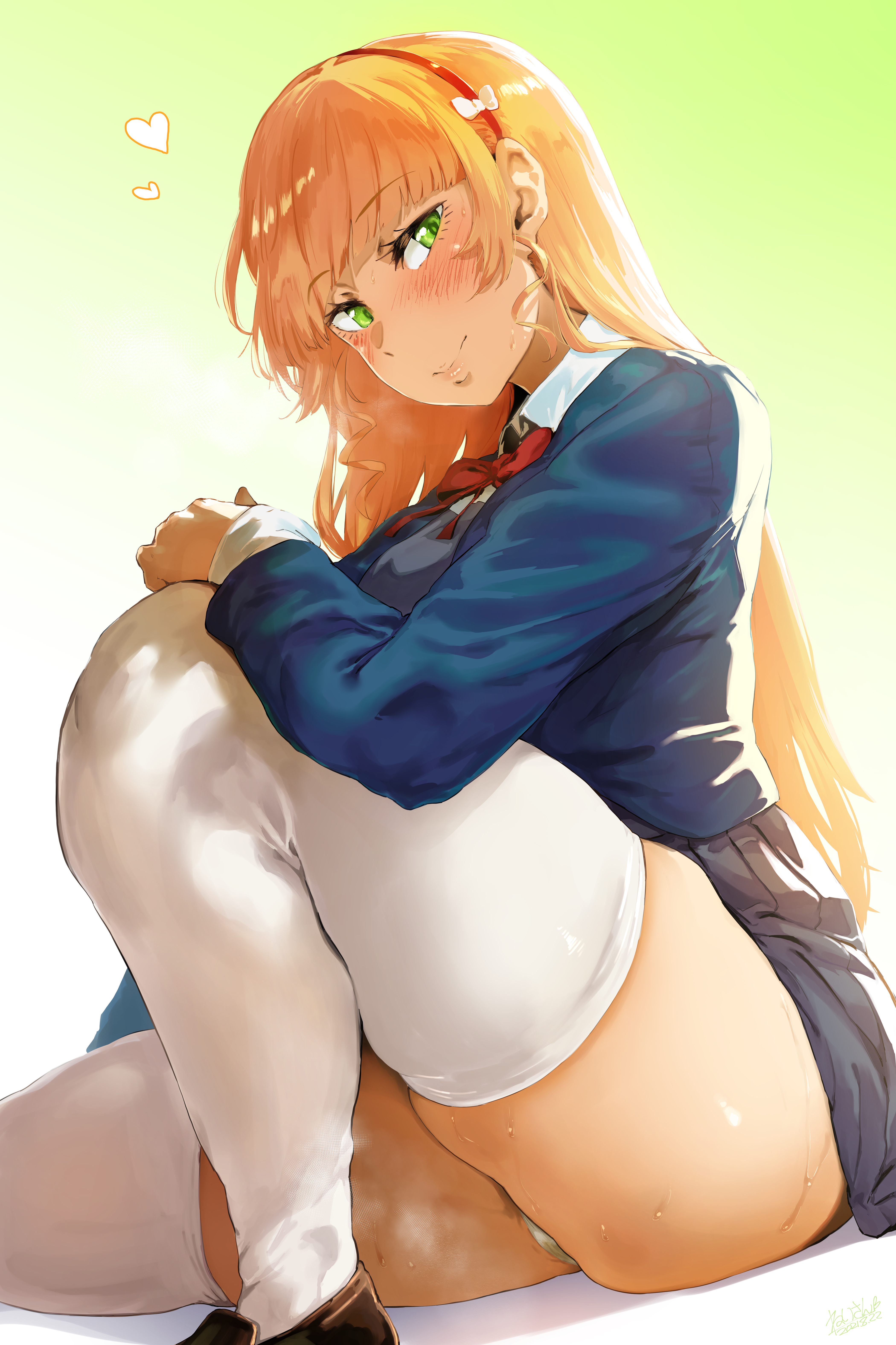 1girls, absurdres, blonde hair, blush, eye contact, female, green eyes, hairband, heanna sumire, hero neisan, high resolution, highres, long hair, looking at viewer, love live!, love live! superstar!!, school uniform, smile, thick thighs, thighhighs, thighs, very high resolution