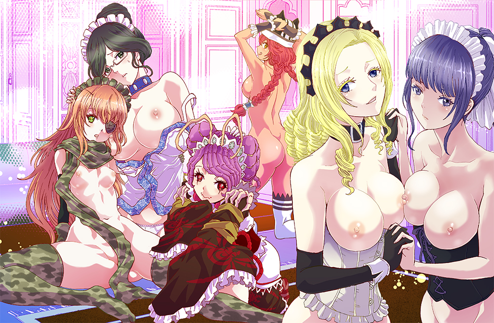 6+girls :q ass black_eyepatch black_gloves black_hair blonde_hair braid breasts breasts_apart camouflage camouflage_pants collar colored_eyelashes convenient_censoring corset cz2128_delta elbow_gloves entoma_vasilissa_zeta eyepatch glasses gloves hand_holding harem indoors interlocked_fingers kneeling large_breasts licking_lips looking_at_viewer looking_back lupusregina_beta maid maid_headdress medium_breasts multiple_girls naked_scarf narberal_gamma navel nipples no_shoes nude nude_female overlord_(maruyama) pink_hair purple_hair red_hair rurukichi scar small_breasts solution_epsilon stomach strap_slip take_your_pick thighhighs tongue tongue_out twin_braids white_legwear yuri_alpha