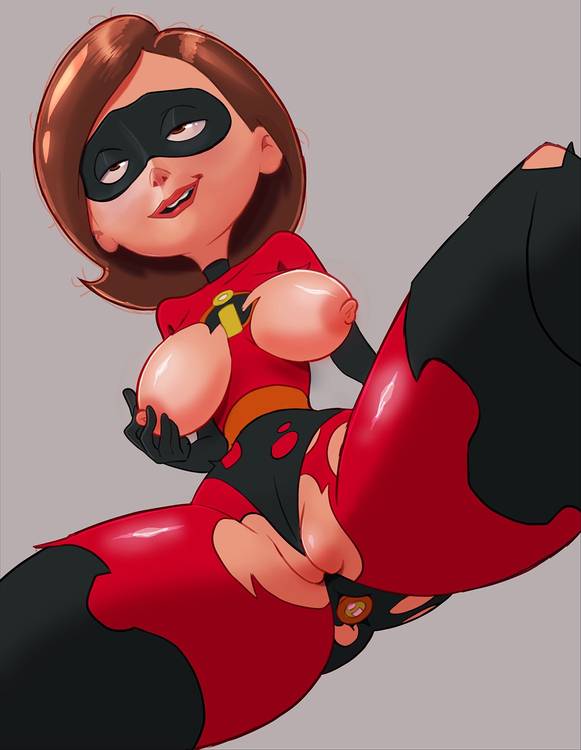 1girls, alternate version available, anal plug, areolae, between labia, bodysuit, breasts, breasts out, brown eyes, brown hair, buttplug, datguyphil, disney, domino mask, elastigirl, eyes rolling back, female, female only, grey background, helen parr, innie pussy, lipstick, looking pleasured, messy hair, nipples, pixar, pleasure face, pussy, self fondle, skin tight, smile, smooth skin, solo, spread legs, superheroine, the incredibles, thick thighs, torn bodysuit, torn clothes, wip, work in progress