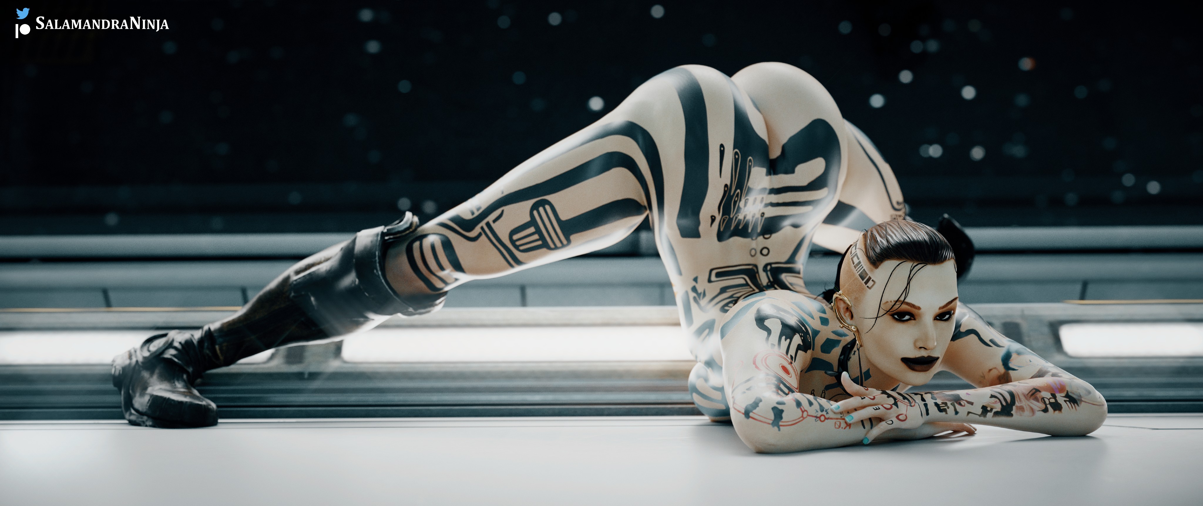 3d, ass, ass up, athletic, athletic female, breasts, bubble ass, bubble butt, busty, female, hourglass figure, jack (mass effect), jack-o pose, lipstick, makeup, mass effect, medium breasts, nude, nude female, salamandraninja, sideboob, solo, splits, tattoo, wide hips