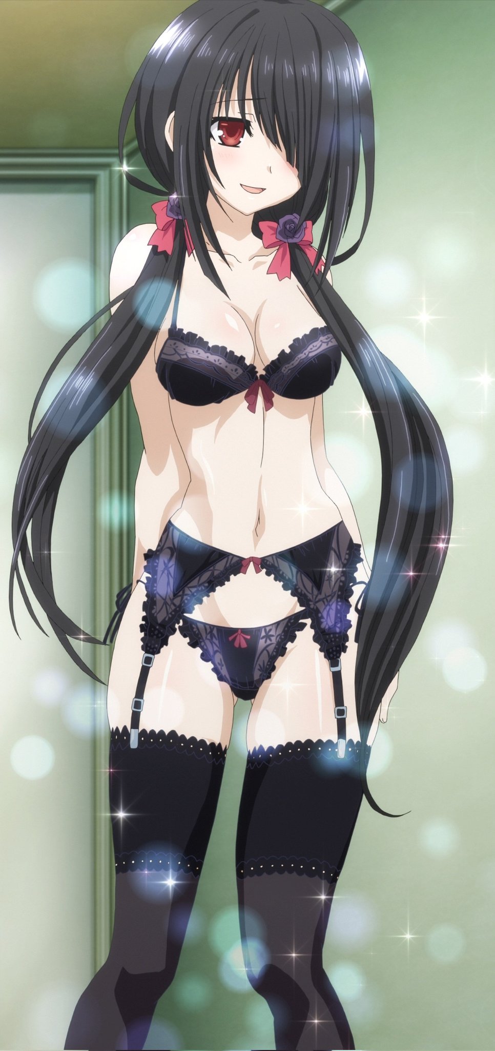 ass visible through thighs, black garter belt, black hair, bra, date a live, female, female only, garter belt, hair ribbons, long hair, panties, red eyes, smiling, stockings, thighhighs, tokisaki kurumi