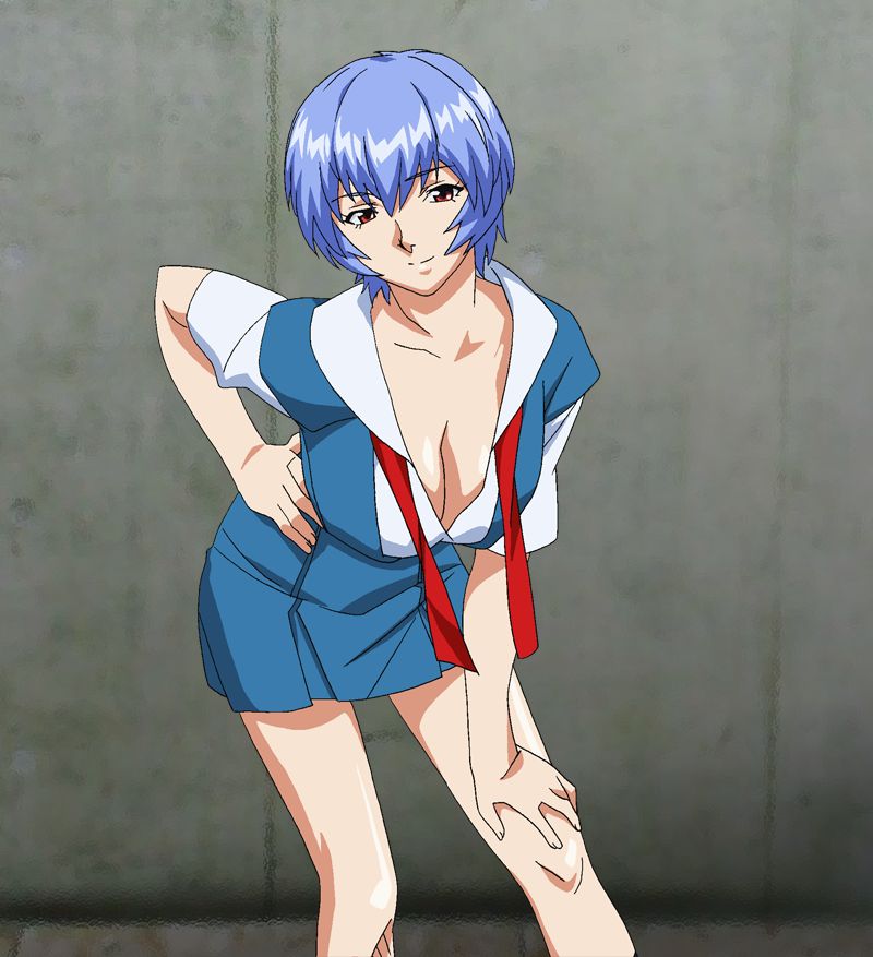 1girls bent_over big_breasts blue_hair breasts busty cleavage clothing hand_on_hip hand_on_thigh large_breasts leaning_forward neon_genesis_evangelion no_bra open_clothes pose red_eyes rei_ayanami school_uniform schoolgirl short_hair skirt smile yabusame