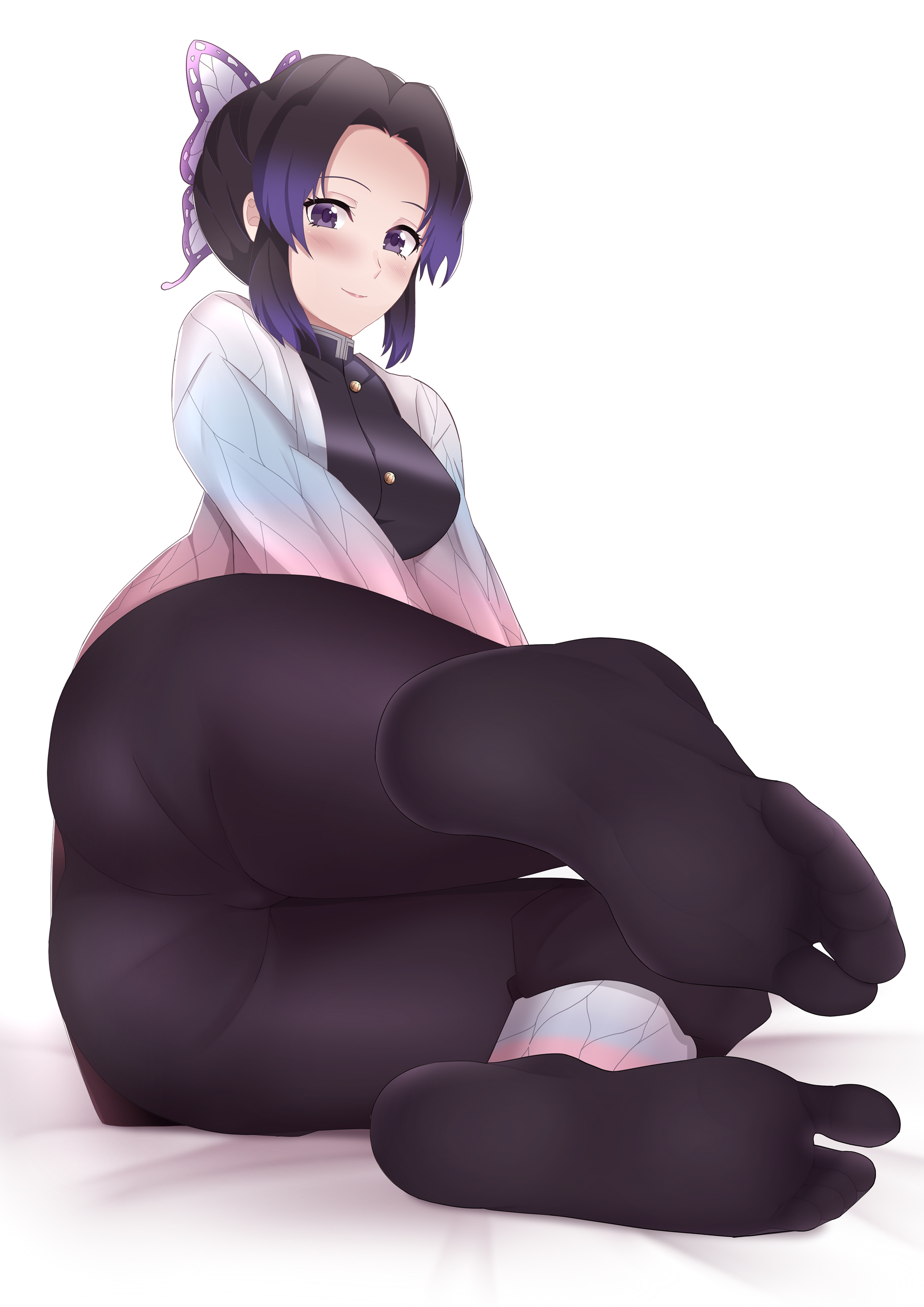 ass, big ass, black hair, black legwear, blush, butterfly hair ornament, demon slayer, feet, female, female only, foot fetish, foot focus, full body, fully clothed, haori, kimetsu no yaiba, kochou shinobu, looking at viewer, no shoes, purple eyes, sitting, skin tight, smile, soles, solo, tabi, tight clothing, two-tone hair, uniform, wide hips