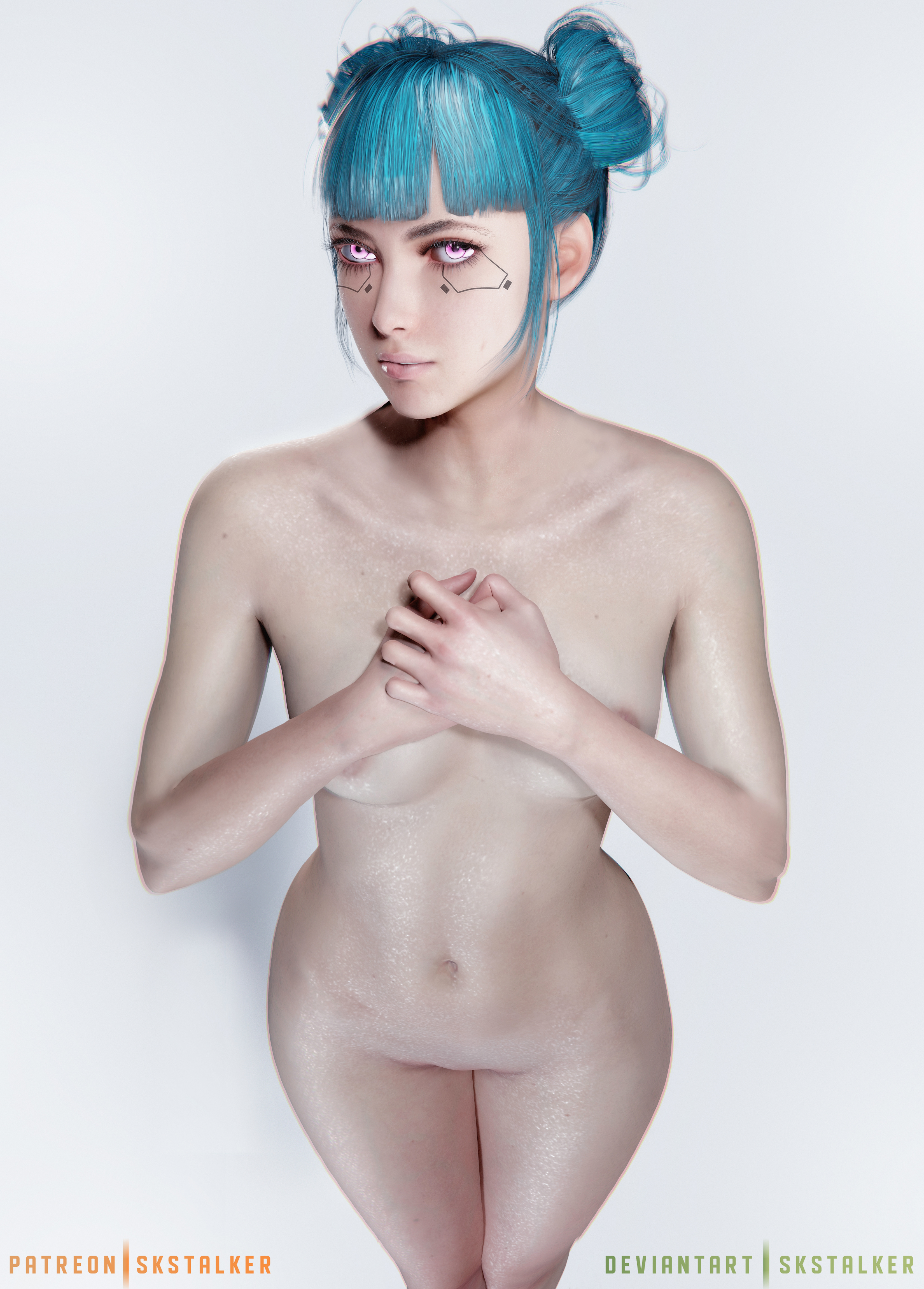 1girls, absurd res, alternate version available, areola slip, areolae, bangs, belly button, blue hair, blue moon (cyberpunk 2077), breasts, cd projekt red, cgi, collarbone, cybernetic eye, cyberpunk 2077, female, female focus, female only, freckles, front view, hair bun, holding breast, looking at viewer, navel, pink eyes, shiny skin, skstalker, solo, tied hair